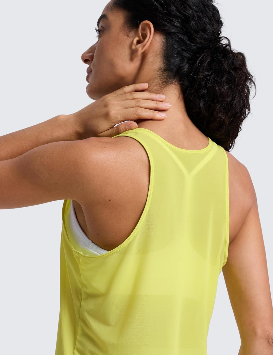 image:imageCRZ YOGA Mesh Workout Tank Tops for Women Athletic Sheer Scoop Neck Cover Up Breathable Summer Sleeveless ShirtsLuminous Yellow