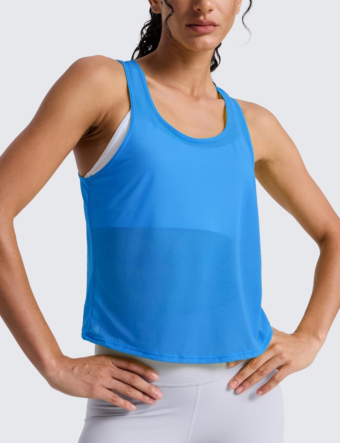 image:imageCRZ YOGA Mesh Workout Tank Tops for Women Athletic Sheer Scoop Neck Cover Up Breathable Summer Sleeveless ShirtsPoolside Blue
