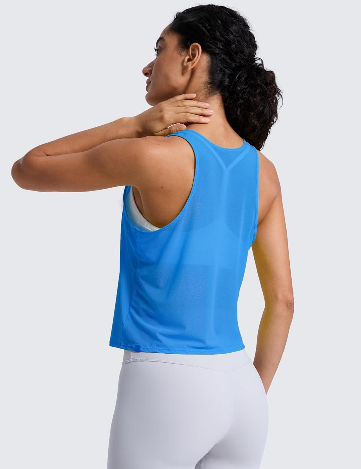 image:imageCRZ YOGA Mesh Workout Tank Tops for Women Athletic Sheer Scoop Neck Cover Up Breathable Summer Sleeveless ShirtsPoolside Blue