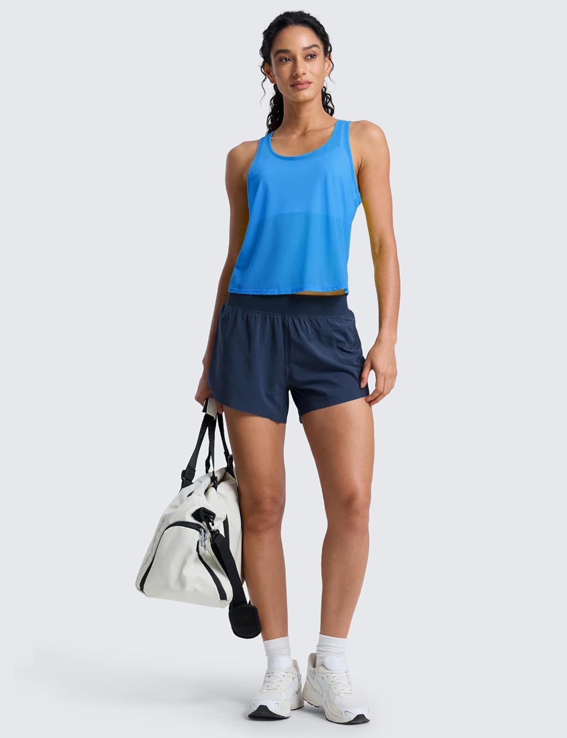 image:imageCRZ YOGA Mesh Workout Tank Tops for Women Athletic Sheer Scoop Neck Cover Up Breathable Summer Sleeveless ShirtsPoolside Blue
