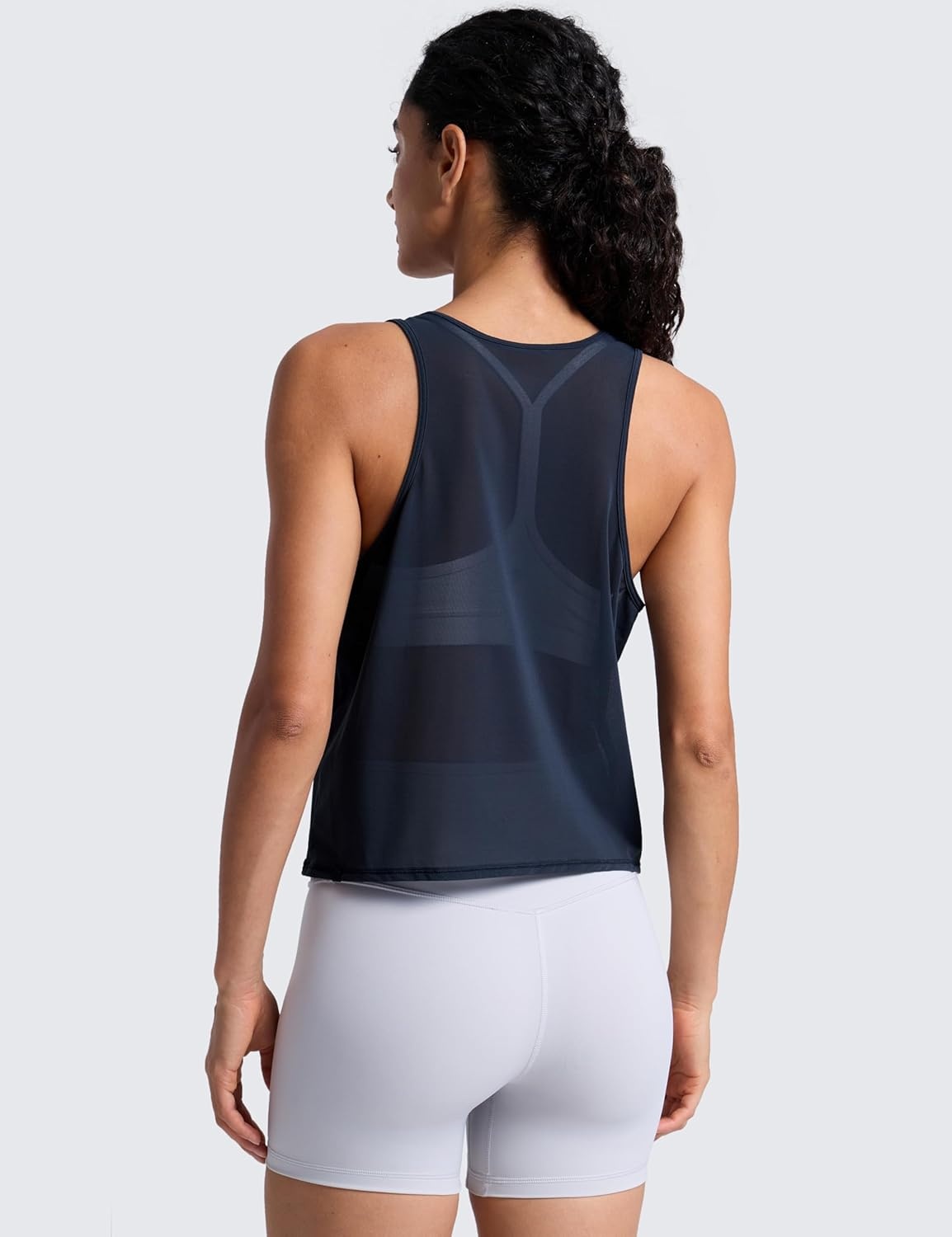 image:imageCRZ YOGA Mesh Workout Tank Tops for Women Athletic Sheer Scoop Neck Cover Up Breathable Summer Sleeveless ShirtsTwilight Blue