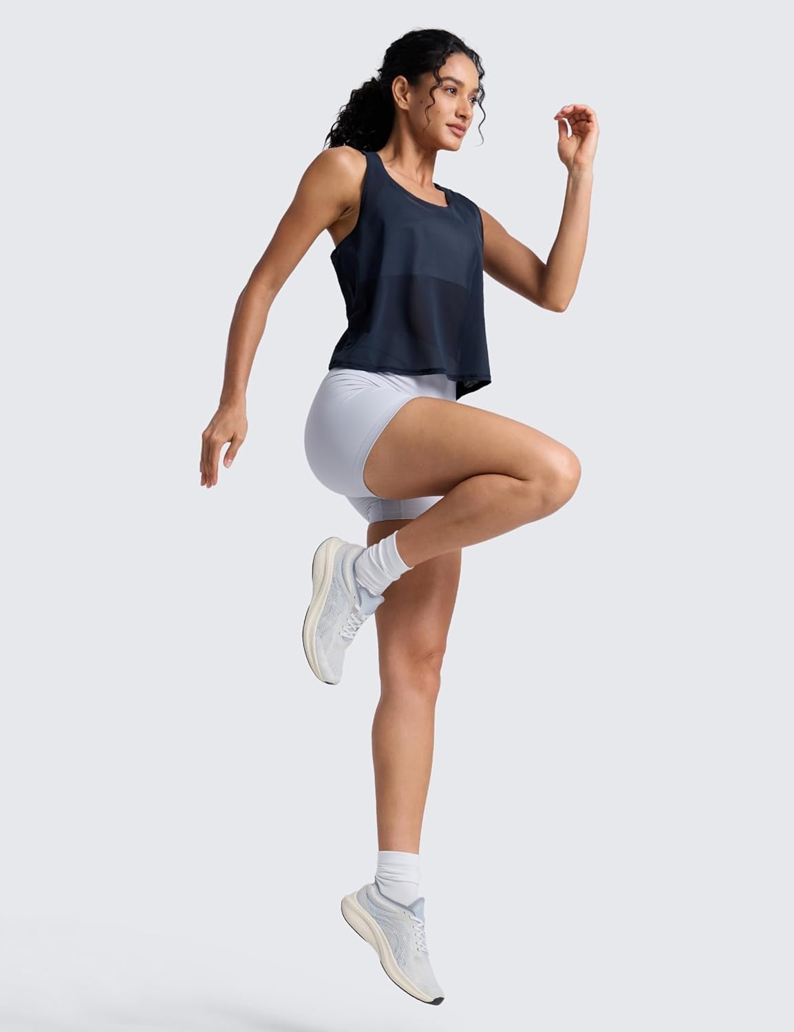 image:imageCRZ YOGA Mesh Workout Tank Tops for Women Athletic Sheer Scoop Neck Cover Up Breathable Summer Sleeveless ShirtsTwilight Blue