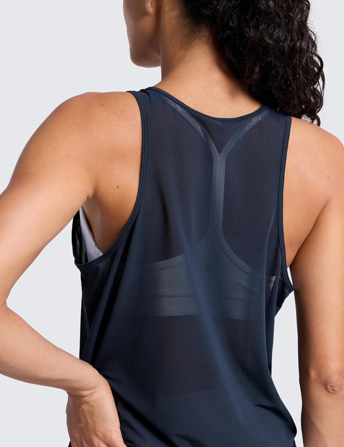 image:imageCRZ YOGA Mesh Workout Tank Tops for Women Athletic Sheer Scoop Neck Cover Up Breathable Summer Sleeveless ShirtsTwilight Blue