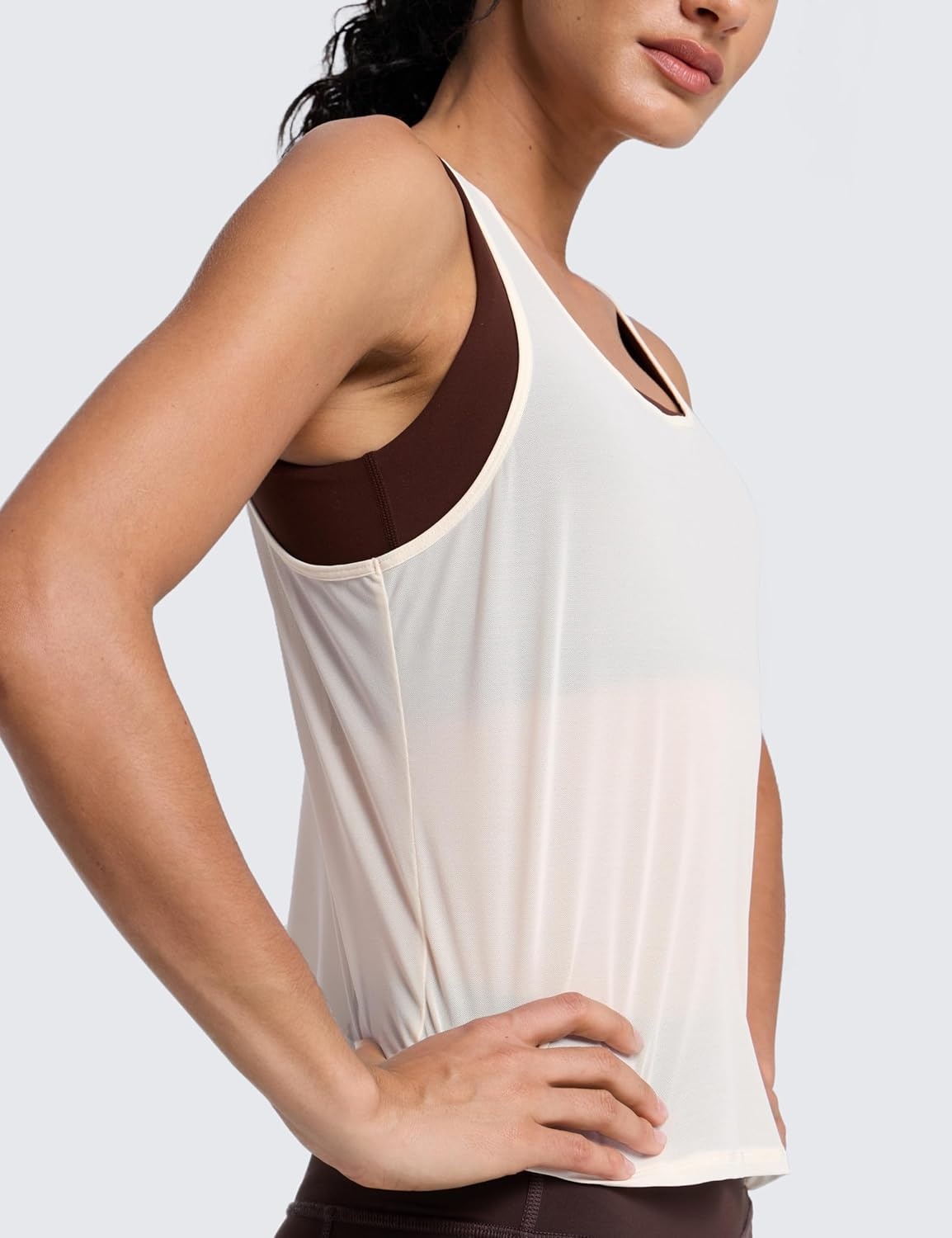 image:imageCRZ YOGA Mesh Workout Tank Tops for Women Athletic Sheer Scoop Neck Cover Up Breathable Summer Sleeveless ShirtsWhite Apricot
