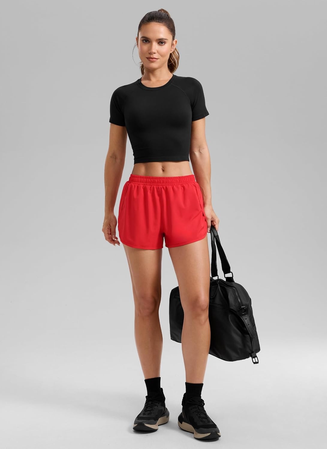 image:imageCRZ YOGA Mid Rise Half Split Athletic Shorts for Women 25 Dolphin Quick Dry for Gym Running Workout TrackDeep Red