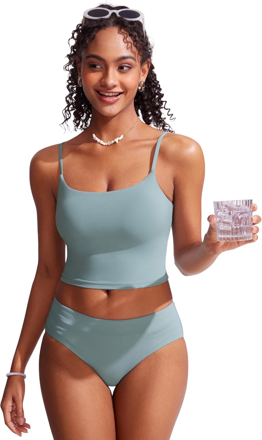 image:imageCRZ YOGA Mid Waisted Bikini Bottoms for Women Full Coverage Bathing Suit Swimsuit Basic Swim BriefsLight Grayish Blue