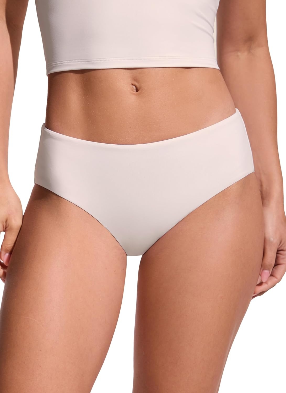 image:imageCRZ YOGA Mid Waisted Bikini Bottoms for Women Full Coverage Bathing Suit Swimsuit Basic Swim BriefsMilky White