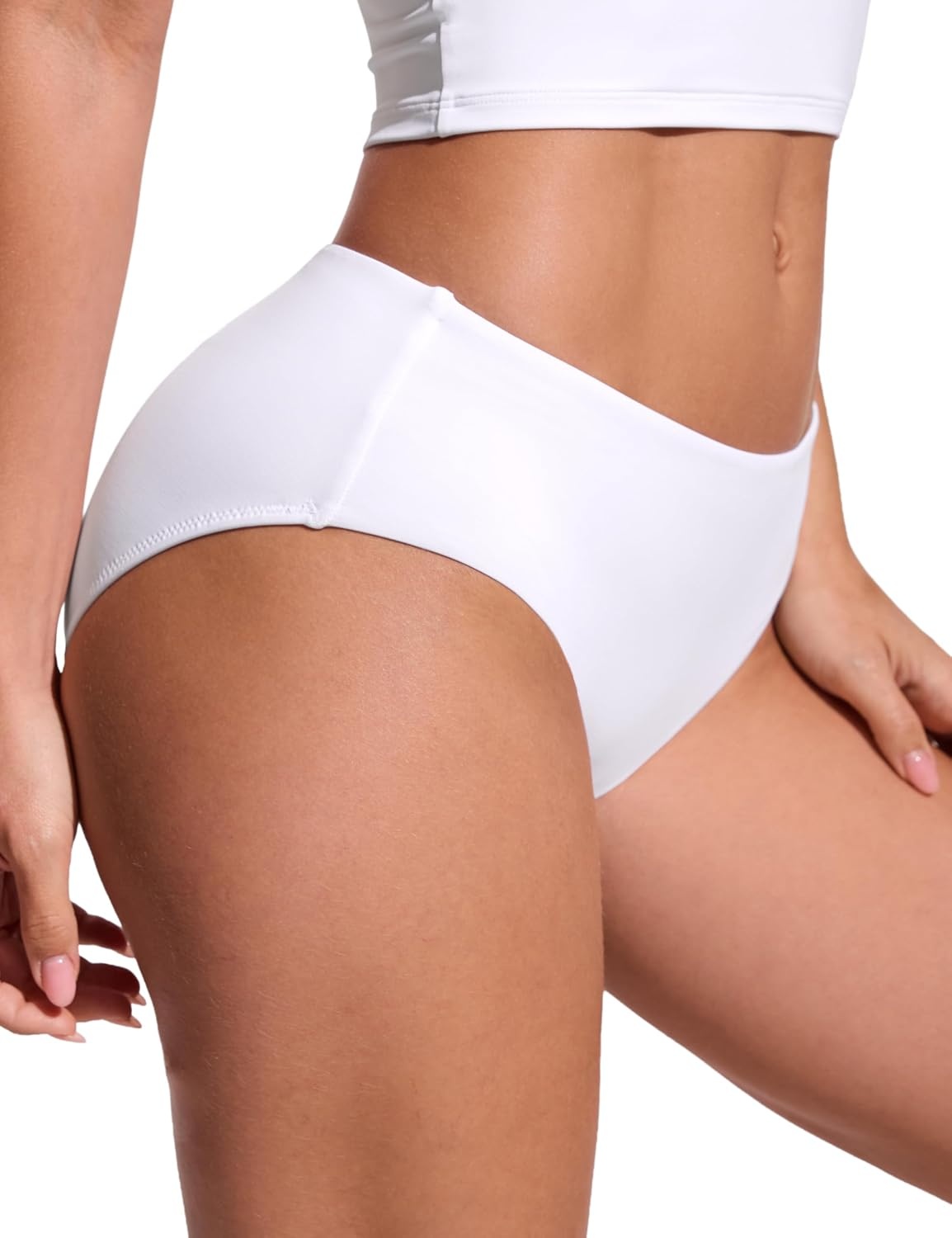 image:imageCRZ YOGA Mid Waisted Bikini Bottoms for Women Full Coverage Bathing Suit Swimsuit Basic Swim BriefsWhite
