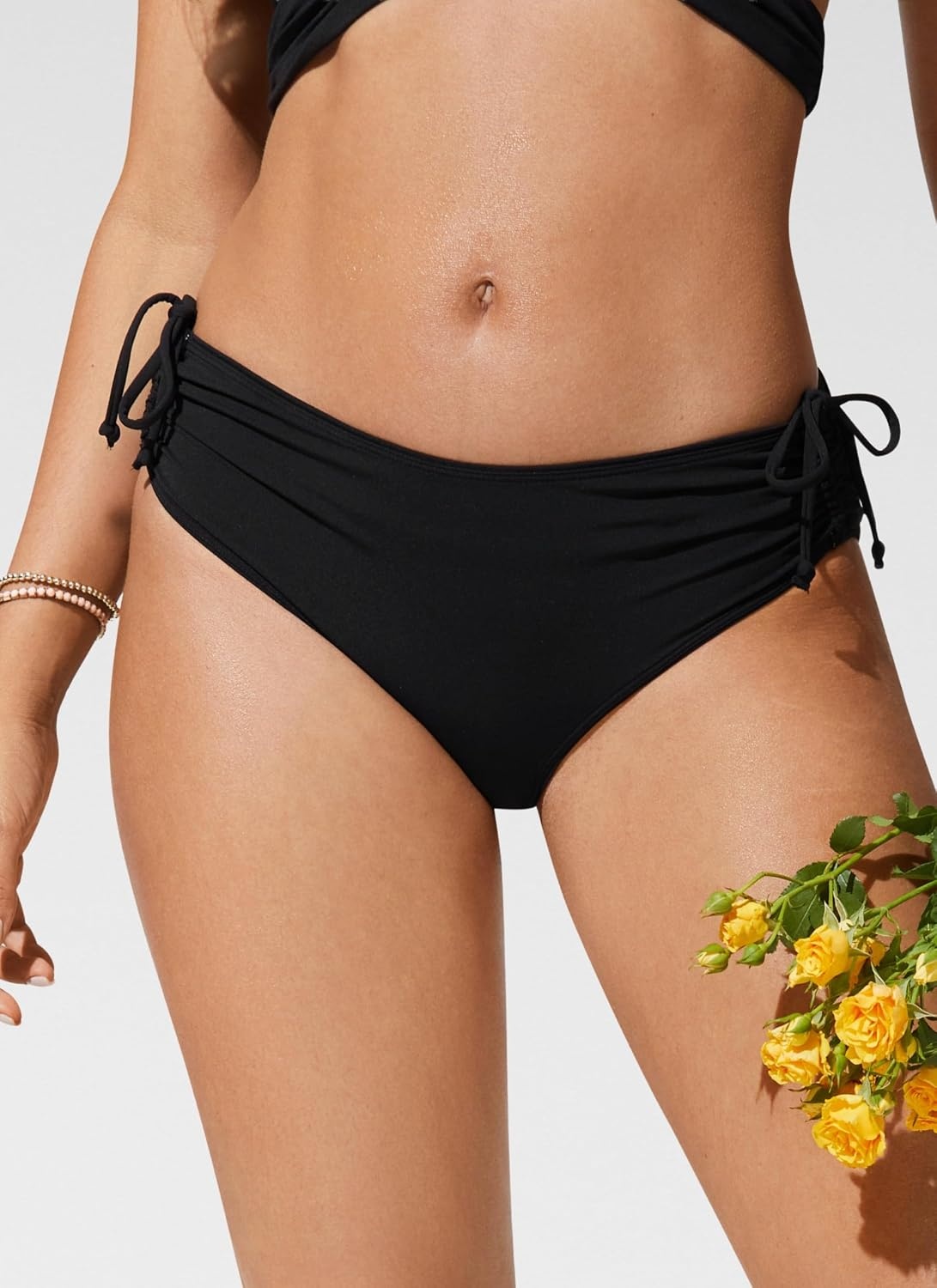 image:imageCRZ YOGA Mid Waisted Ruched Bikini Bottoms for Women Full Coverage Bathing Swimsuit Adjustable Side Tie Swim BriefsBlack