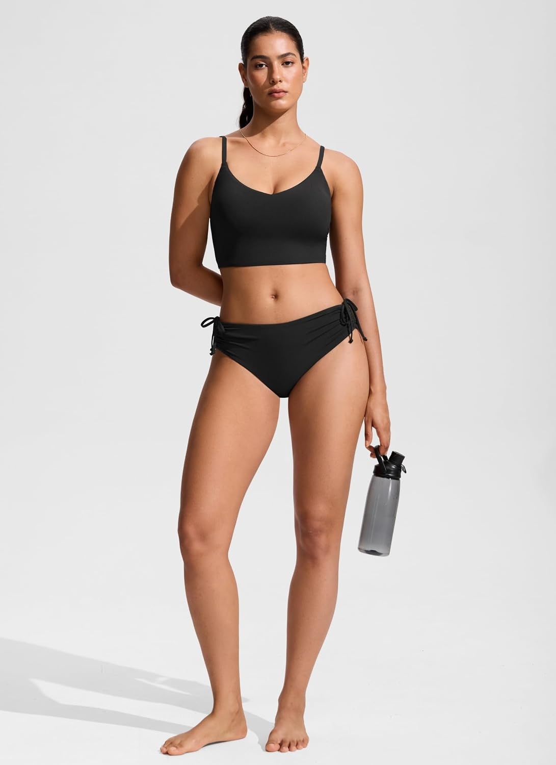 image:imageCRZ YOGA Mid Waisted Ruched Bikini Bottoms for Women Full Coverage Bathing Swimsuit Adjustable Side Tie Swim BriefsBlack
