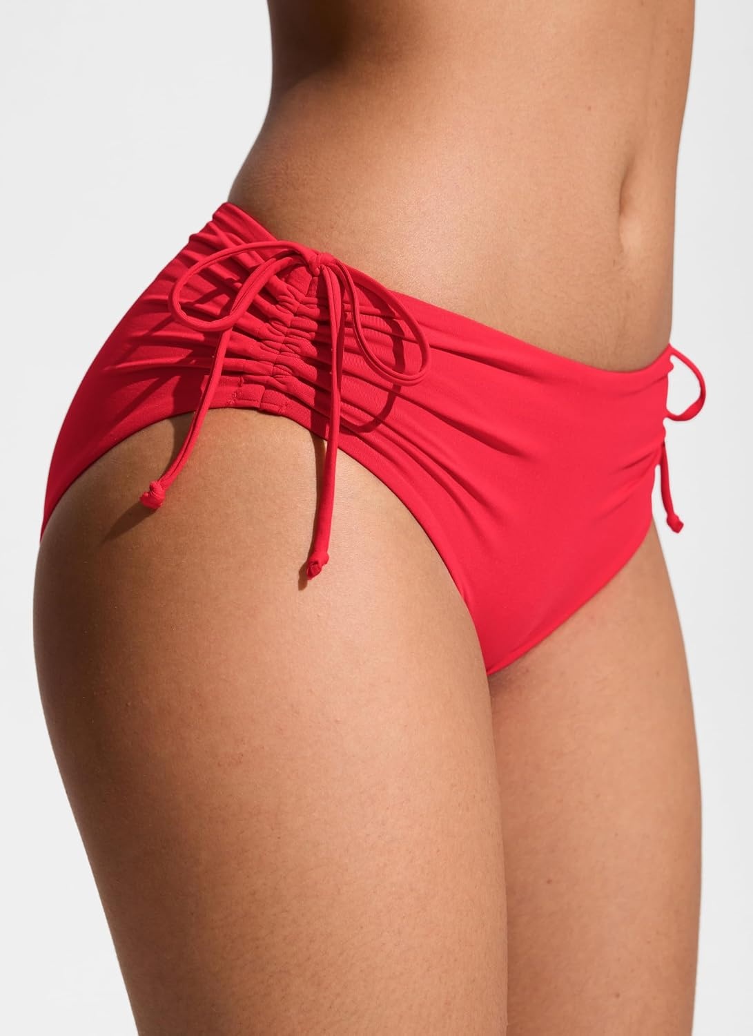 image:imageCRZ YOGA Mid Waisted Ruched Bikini Bottoms for Women Full Coverage Bathing Swimsuit Adjustable Side Tie Swim BriefsDeep Red