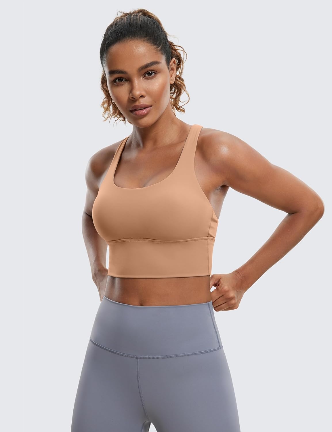 image:imageCRZ YOGA Naked Feeling Criss Cross Longline Sports Bras for Women Wirefree Padded Strappy Yoga Cropped TopsMocha Mousse