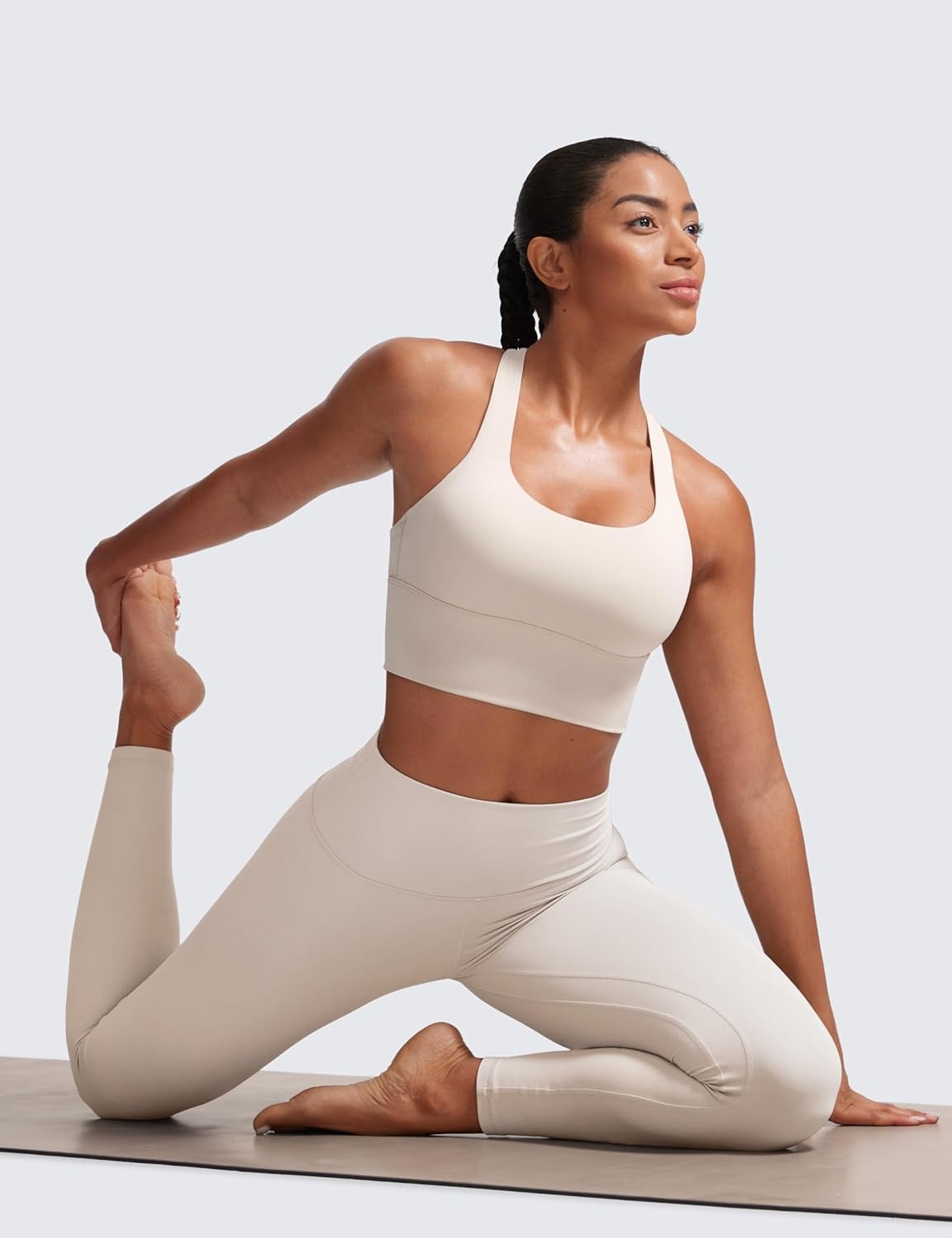 image:imageCRZ YOGA Naked Feeling Criss Cross Longline Sports Bras for Women Wirefree Padded Strappy Yoga Cropped TopsMojave Tan