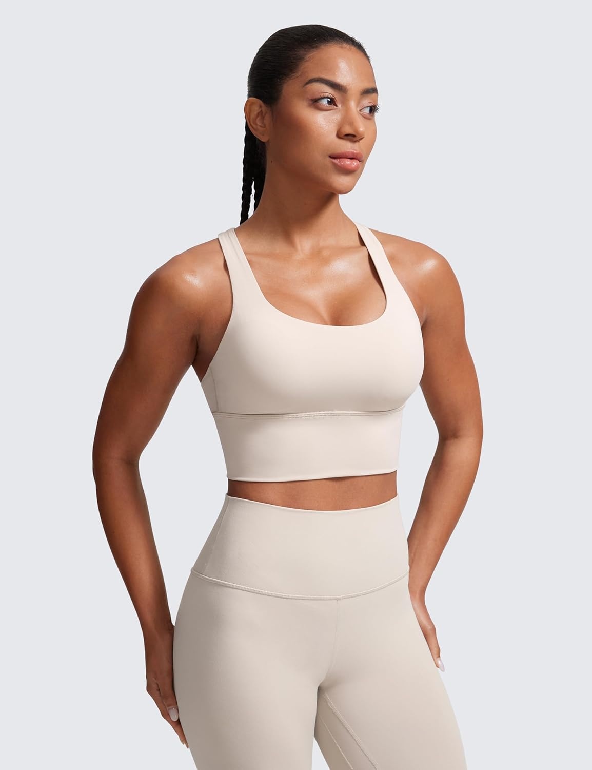 image:imageCRZ YOGA Naked Feeling Criss Cross Longline Sports Bras for Women Wirefree Padded Strappy Yoga Cropped TopsMojave Tan