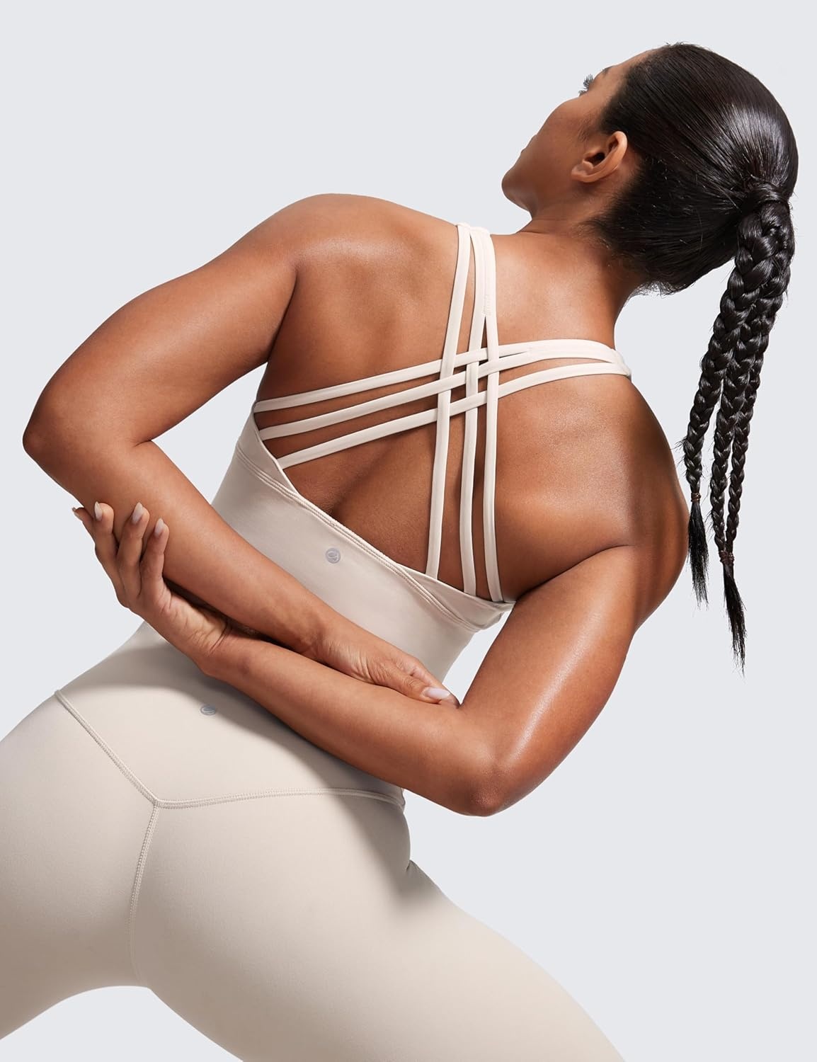 image:imageCRZ YOGA Naked Feeling Criss Cross Longline Sports Bras for Women Wirefree Padded Strappy Yoga Cropped TopsMojave Tan
