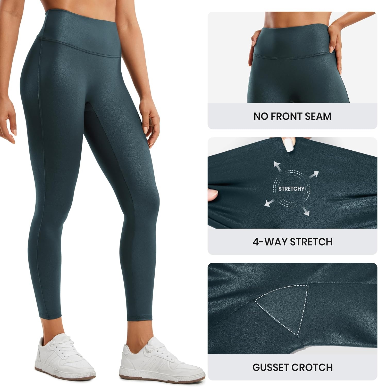 image:imageCRZ YOGA No Front Seam Faux Leather Leggings 25 Butterluxe Matte High Waist Stretch Tights Womens Pleather PantsForest Dark Green Foil Pattern