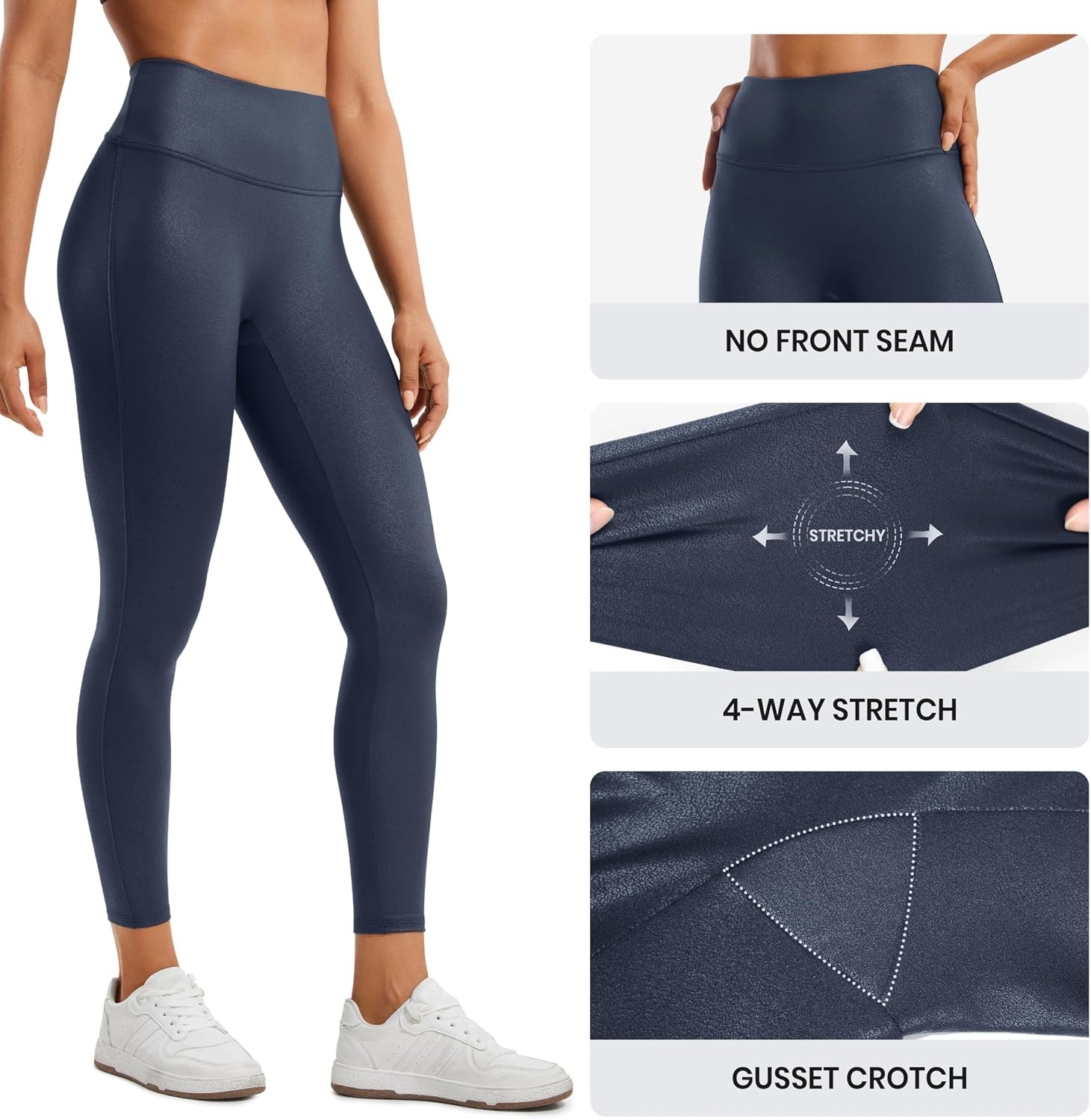 image:imageCRZ YOGA No Front Seam Faux Leather Leggings 25 Butterluxe Matte High Waist Stretch Tights Womens Pleather PantsReal Navy Foil Pattern