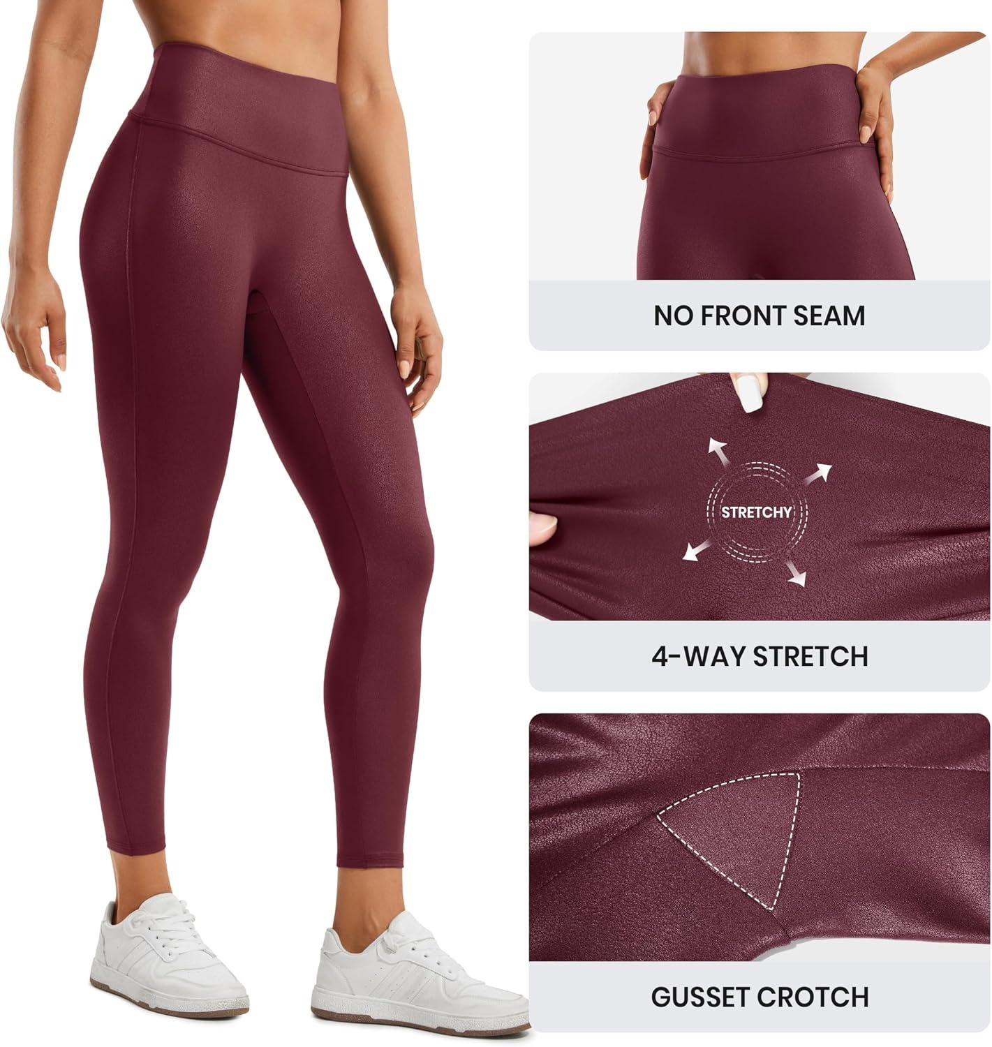 image:imageCRZ YOGA No Front Seam Faux Leather Leggings 25 Butterluxe Matte High Waist Stretch Tights Womens Pleather PantsRed Merlot Foil Pattern