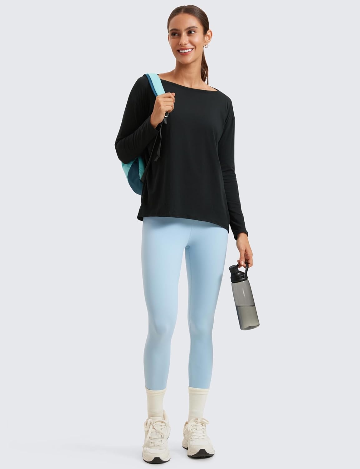 image:imageCRZ YOGA Pima Cotton Boat Neck Long Sleeve Shirts for Women Workout Athletic Yoga Casual Tops Loose Fit Fall TShirtsBlack