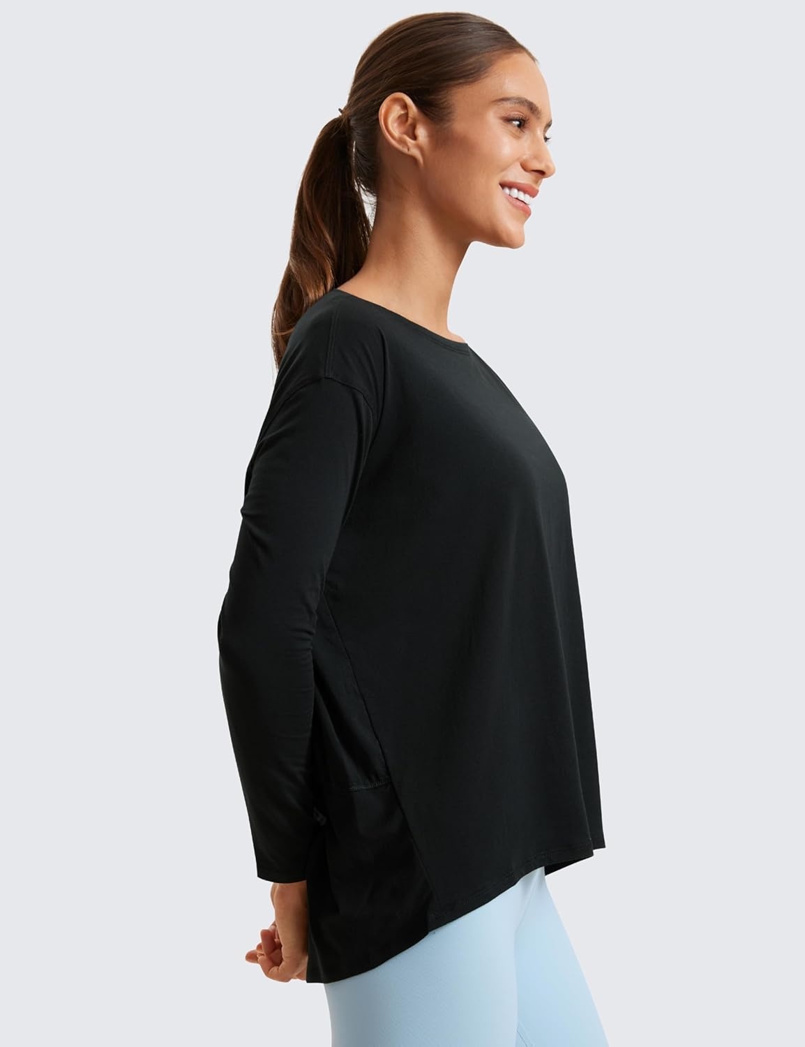 image:imageCRZ YOGA Pima Cotton Boat Neck Long Sleeve Shirts for Women Workout Athletic Yoga Casual Tops Loose Fit Fall TShirtsBlack