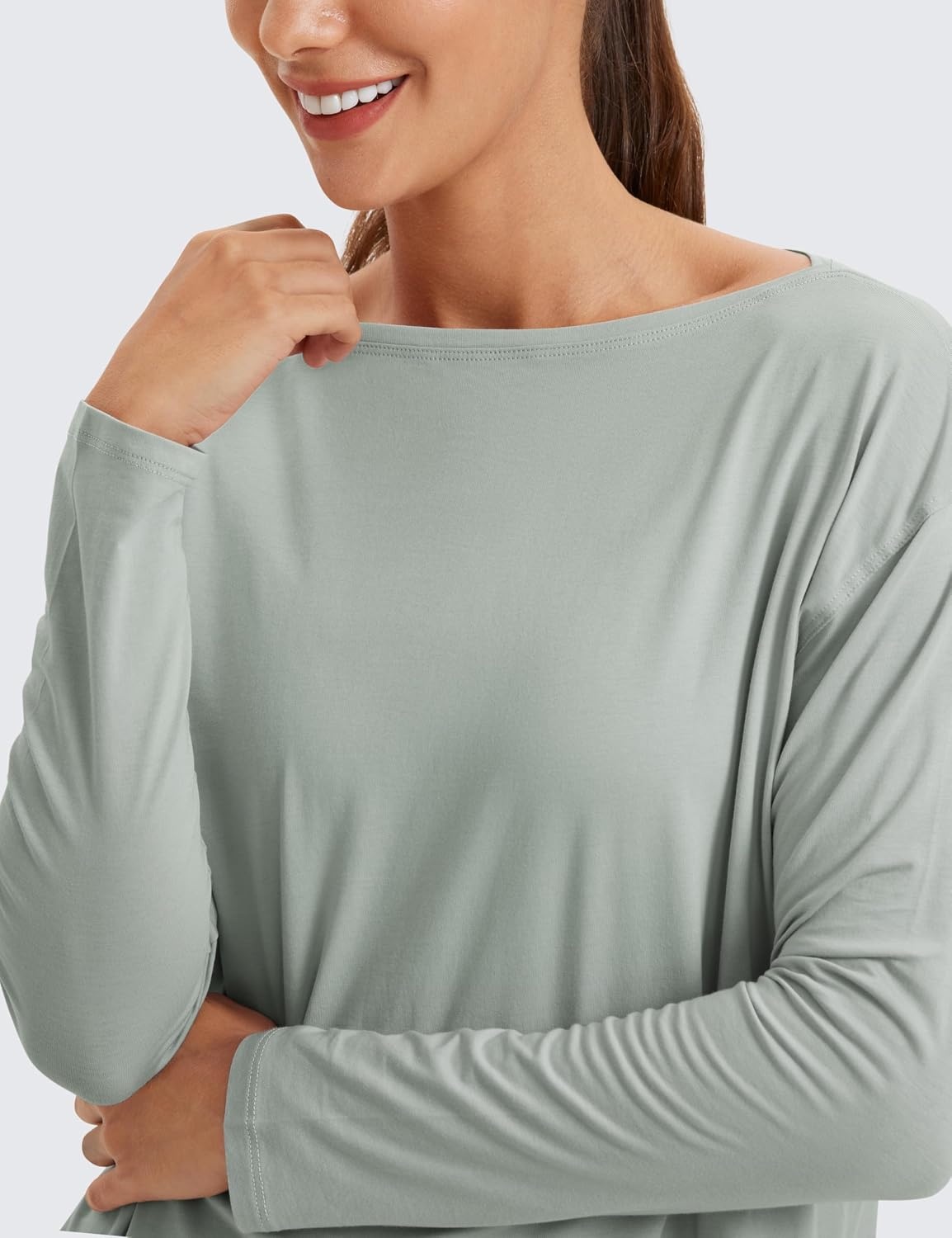 image:imageCRZ YOGA Pima Cotton Boat Neck Long Sleeve Shirts for Women Workout Athletic Yoga Casual Tops Loose Fit Fall TShirtsJade Grey