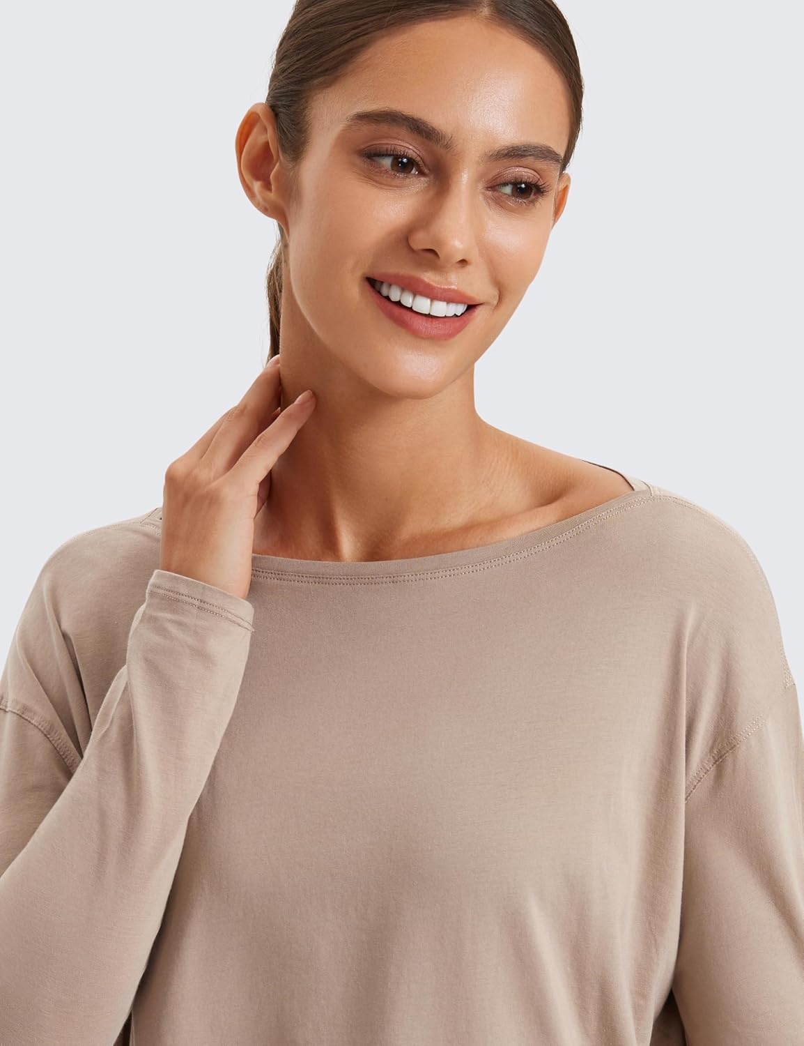 image:imageCRZ YOGA Pima Cotton Boat Neck Long Sleeve Shirts for Women Workout Athletic Yoga Casual Tops Loose Fit Fall TShirtsMortar Color