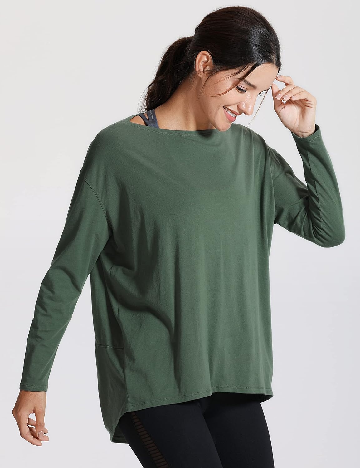 image:imageCRZ YOGA Pima Cotton Boat Neck Long Sleeve Shirts for Women Workout Athletic Yoga Casual Tops Loose Fit Fall TShirtsNature Green