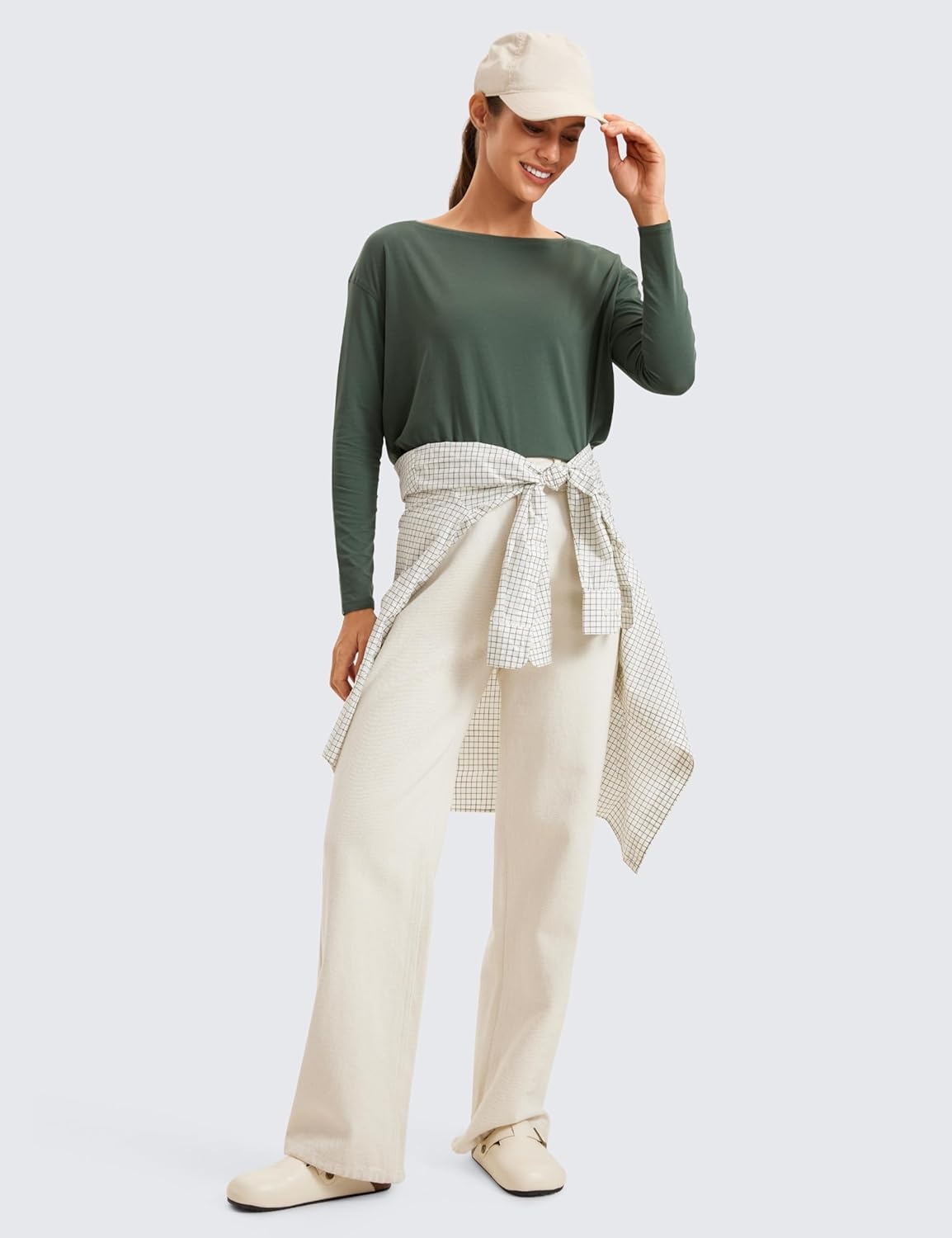 image:imageCRZ YOGA Pima Cotton Boat Neck Long Sleeve Shirts for Women Workout Athletic Yoga Casual Tops Loose Fit Fall TShirtsNature Green