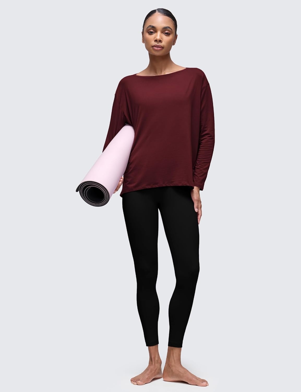 image:imageCRZ YOGA Pima Cotton Boat Neck Long Sleeve Shirts for Women Workout Athletic Yoga Casual Tops Loose Fit Fall TShirtsRed Merlot