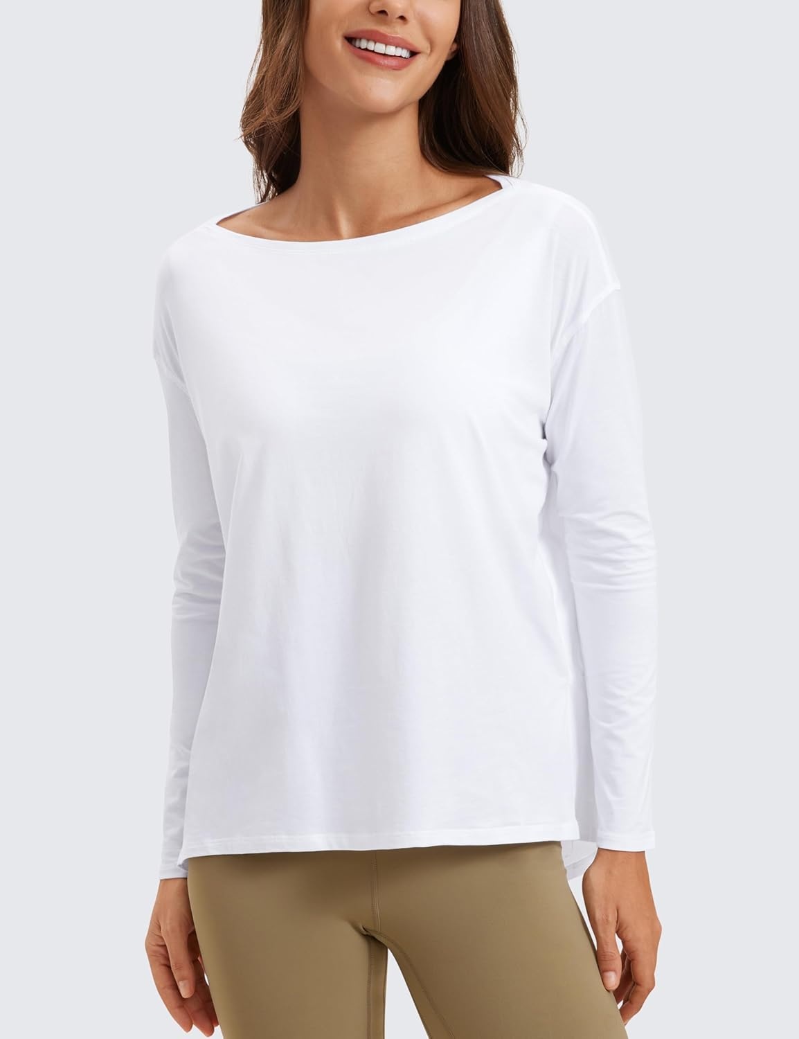image:imageCRZ YOGA Pima Cotton Boat Neck Long Sleeve Shirts for Women Workout Athletic Yoga Casual Tops Loose Fit Fall TShirtsWhite
