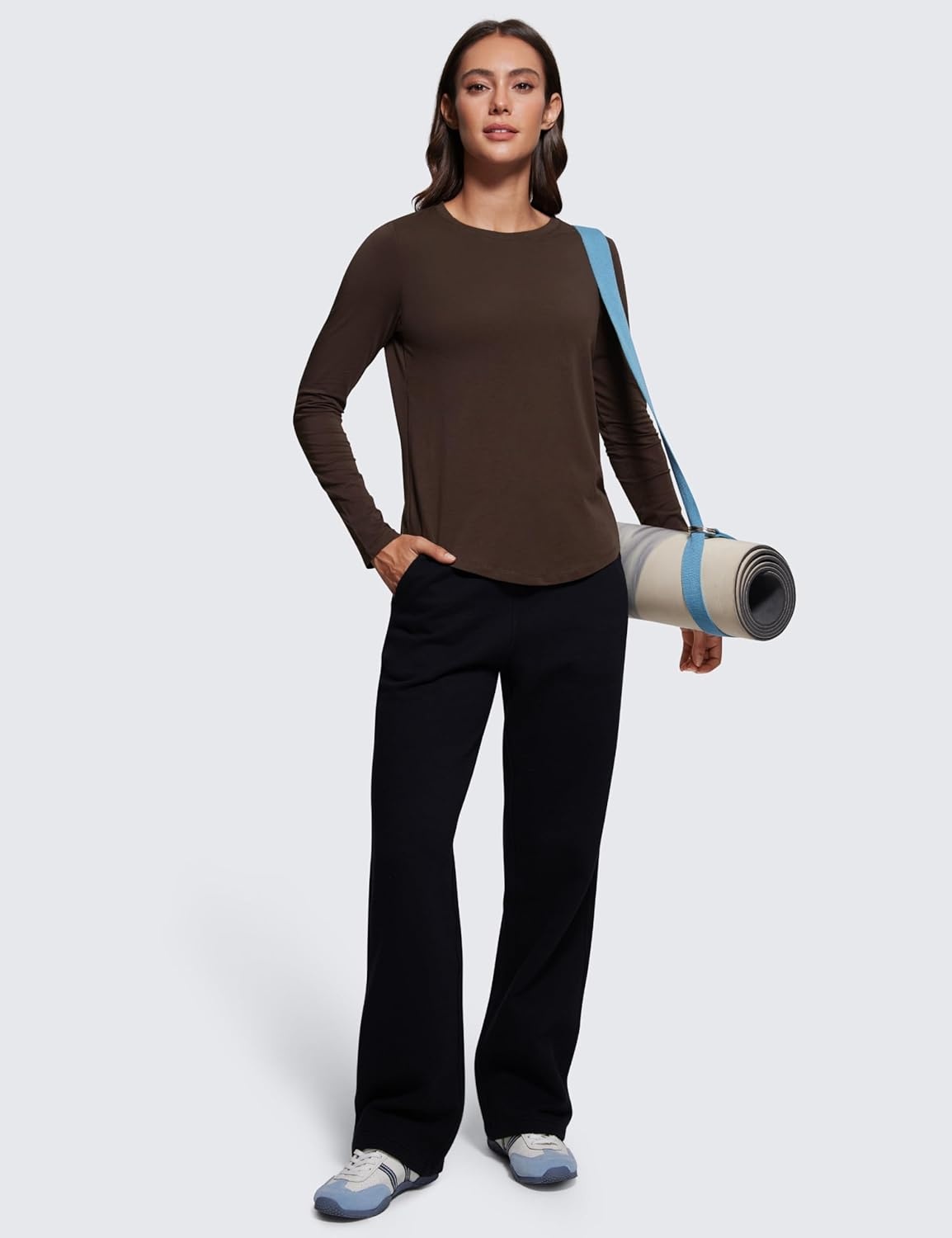 image:imageCRZ YOGA Pima Cotton Crewneck Long Sleeve Shirts for Women Workout Athletic Yoga Casual Tops Soft Plain TShirtHot Fudge Brown