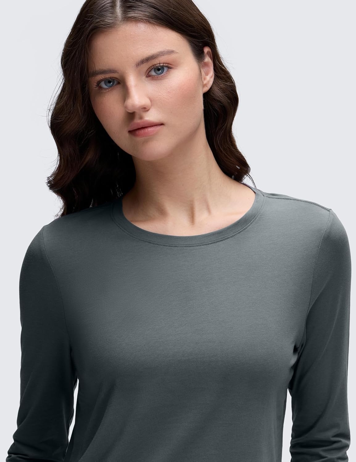 image:imageCRZ YOGA Pima Cotton Crewneck Long Sleeve Shirts for Women Workout Athletic Yoga Casual Tops Soft Plain TShirtLava Smoke Grey