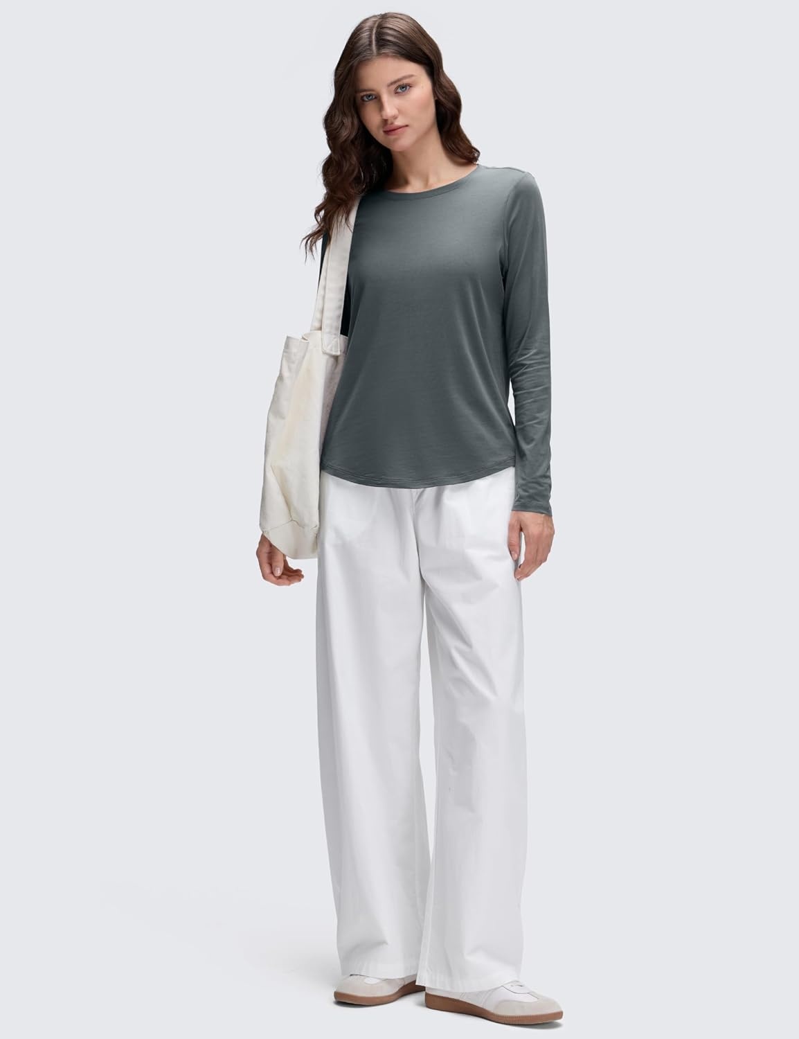 image:imageCRZ YOGA Pima Cotton Crewneck Long Sleeve Shirts for Women Workout Athletic Yoga Casual Tops Soft Plain TShirtLava Smoke Grey