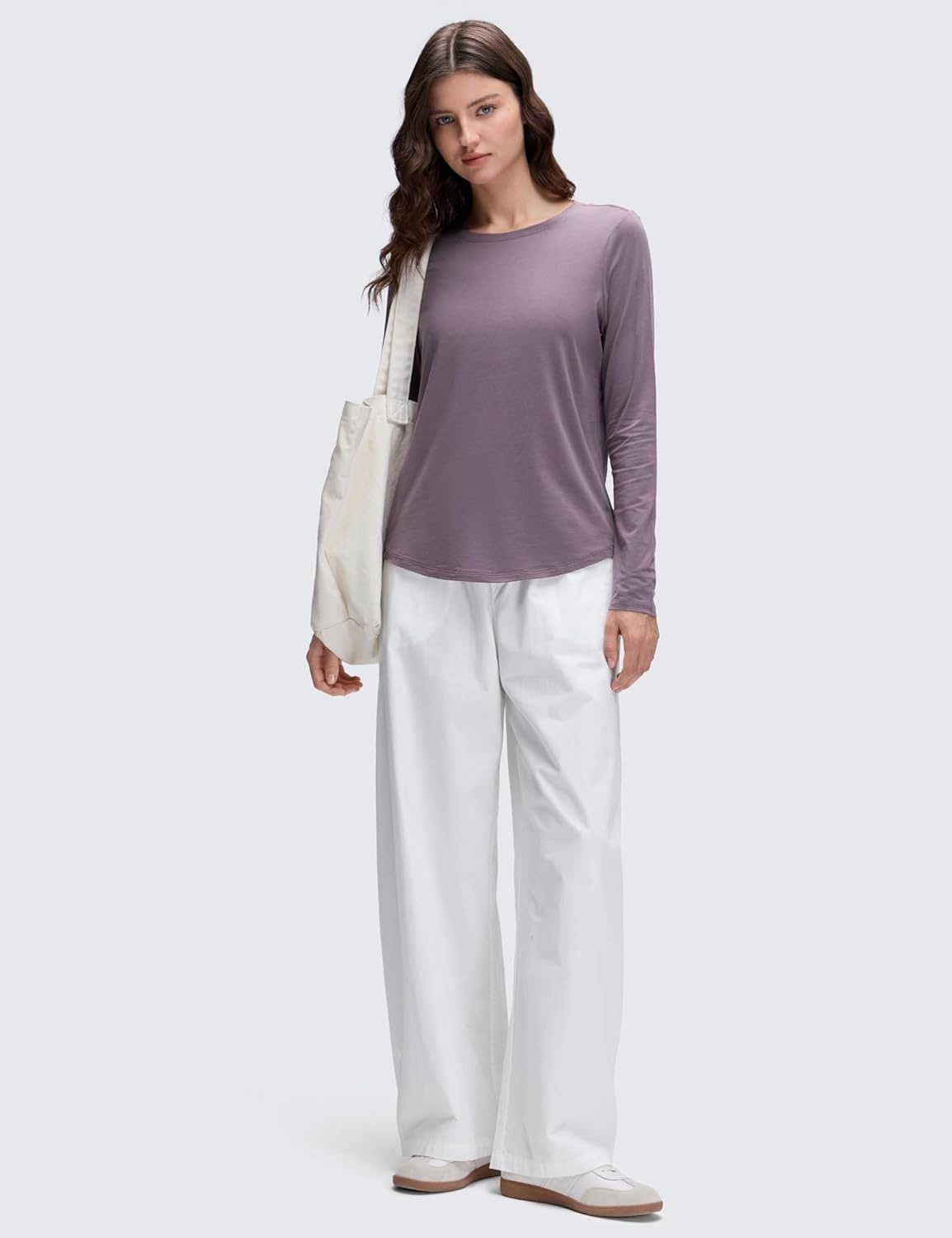 image:imageCRZ YOGA Pima Cotton Crewneck Long Sleeve Shirts for Women Workout Athletic Yoga Casual Tops Soft Plain TShirtPurple Gray