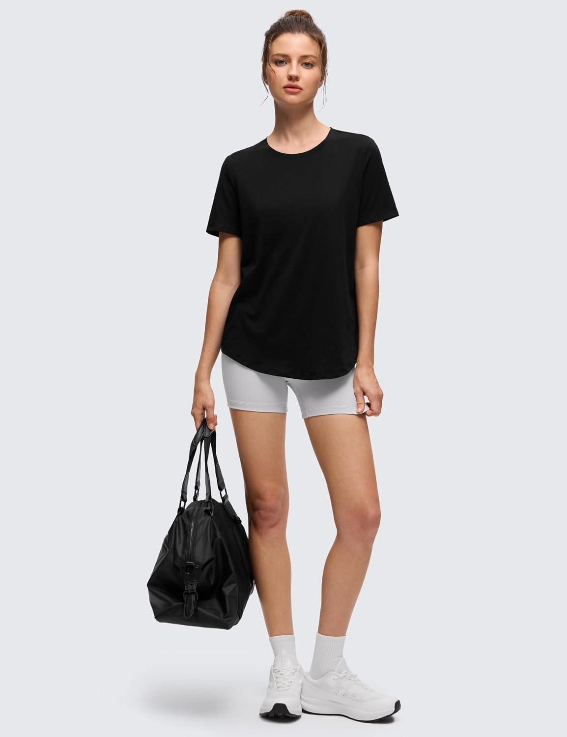 image:imageCRZ YOGA Pima Cotton Crewneck TShirts for Women Workout Casual Yoga Athletic Short Sleeve Shirts Soft Crewneck Hip TopsBlack