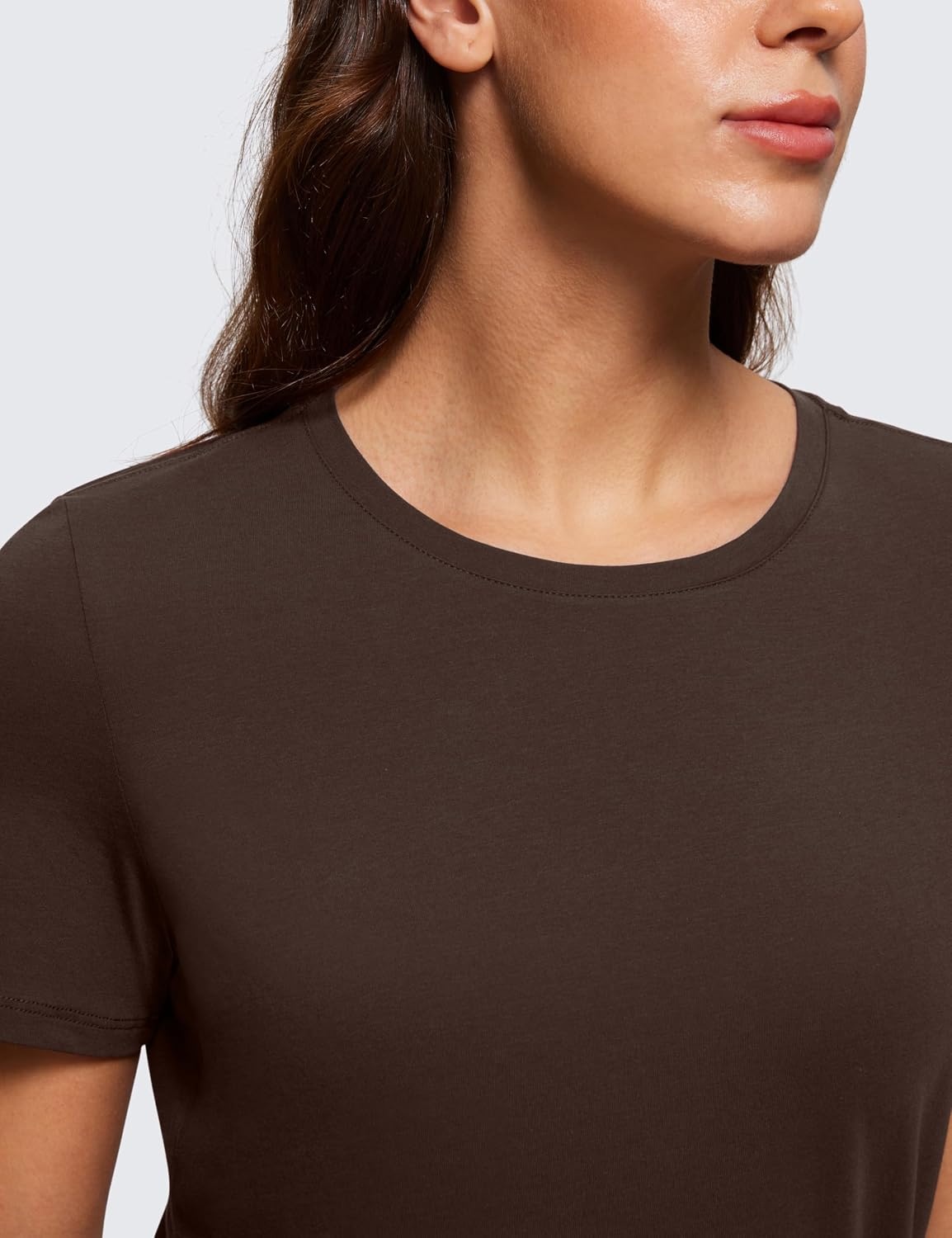 image:imageCRZ YOGA Pima Cotton Crewneck TShirts for Women Workout Casual Yoga Athletic Short Sleeve Shirts Soft Crewneck Hip TopsHot Fudge Brown