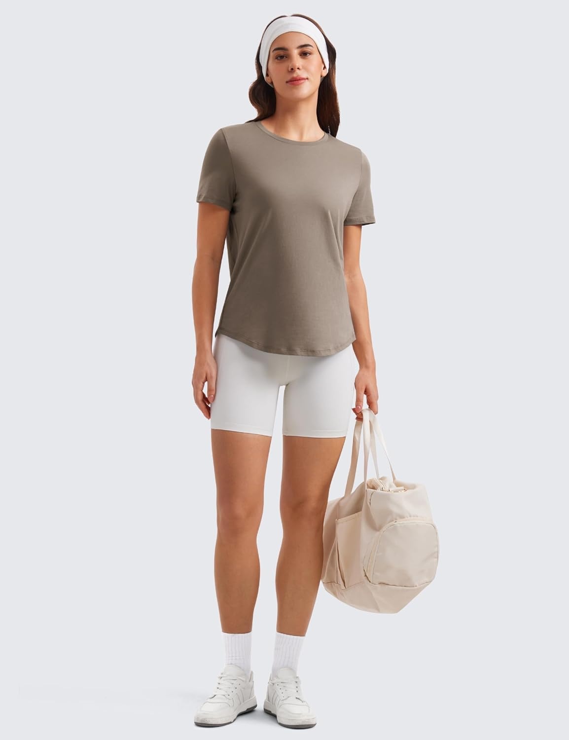 image:imageCRZ YOGA Pima Cotton Crewneck TShirts for Women Workout Casual Yoga Athletic Short Sleeve Shirts Soft Crewneck Hip TopsNomad Grey