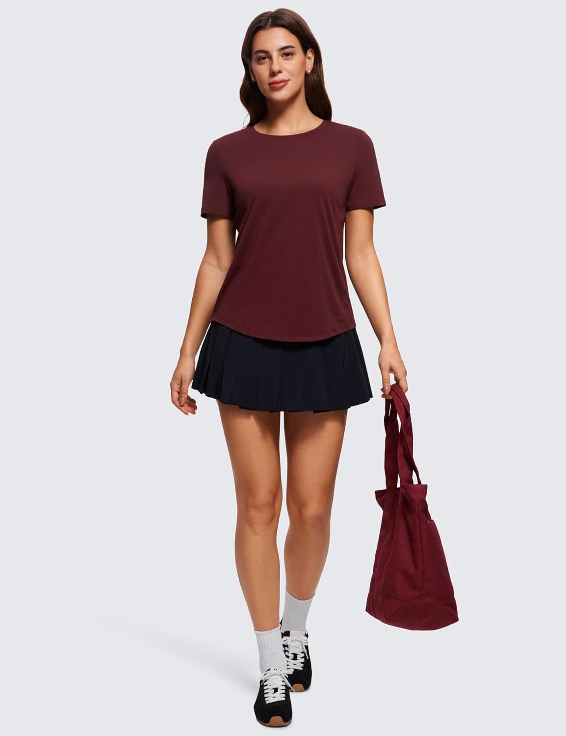 image:imageCRZ YOGA Pima Cotton Crewneck TShirts for Women Workout Casual Yoga Athletic Short Sleeve Shirts Soft Crewneck Hip TopsRed Merlot