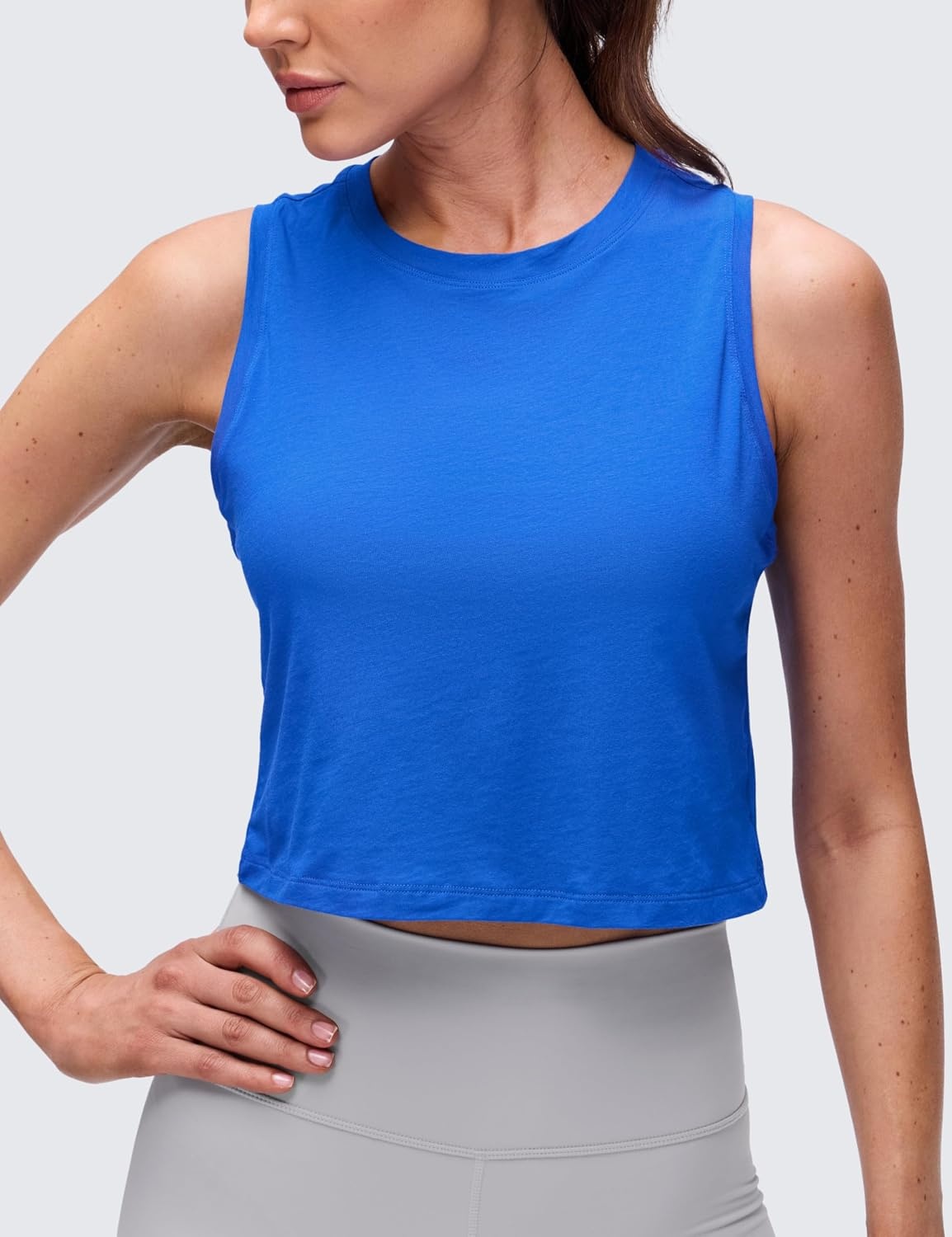 image:imageCRZ YOGA Pima Cotton Crop Crewneck Tank Tops for Women Workout Sport Athletic Casual Yoga Soft Comfort Sleeveless ShirtStrong Blue
