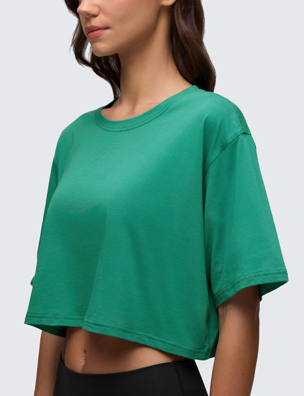 image:imageCRZ YOGA Pima Cotton Loose Crop TShirts for Women Workout Yoga Casual Athletic Running Short Sleeve Shirts Crewneck TopsCascadia Green