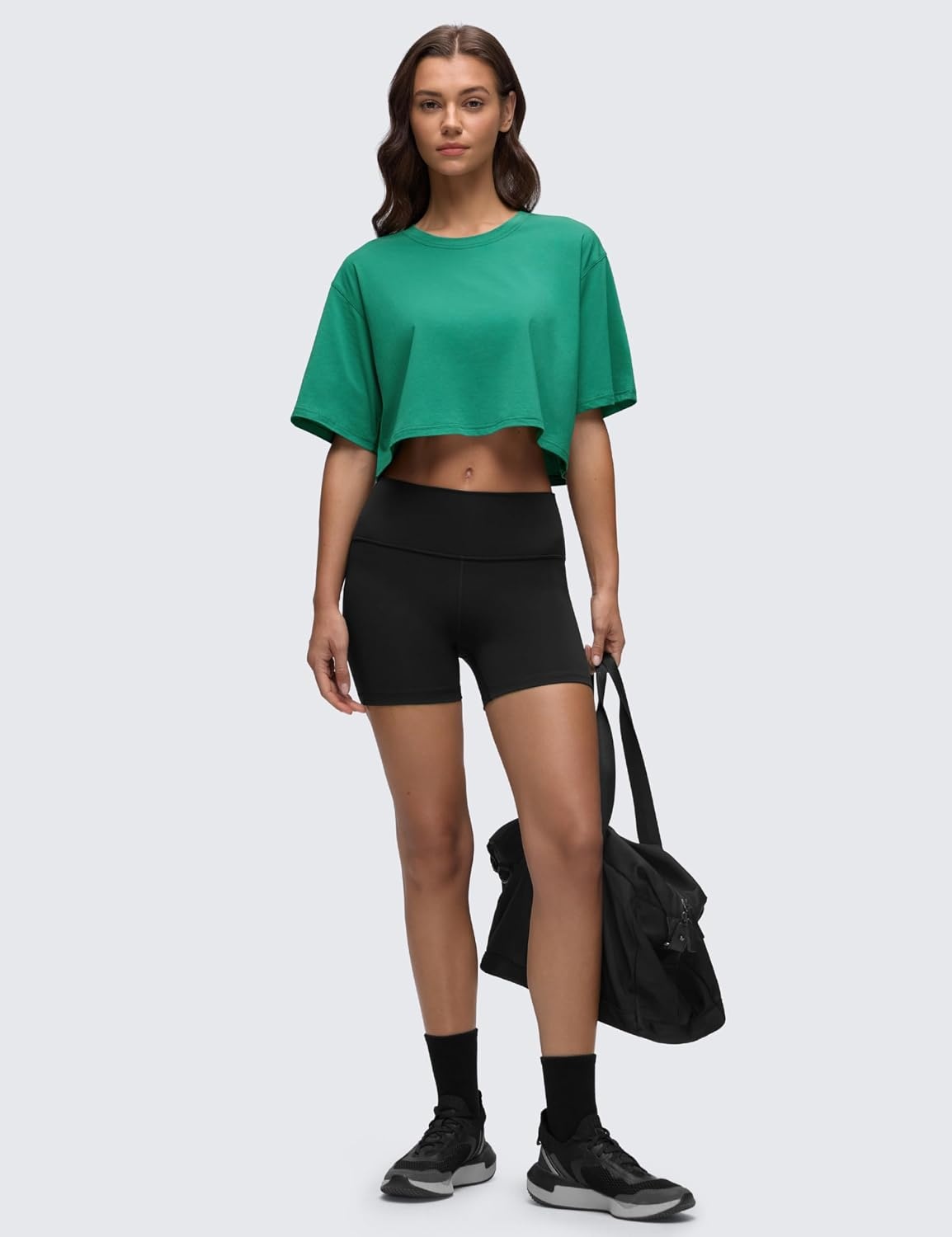image:imageCRZ YOGA Pima Cotton Loose Crop TShirts for Women Workout Yoga Casual Athletic Running Short Sleeve Shirts Crewneck TopsCascadia Green