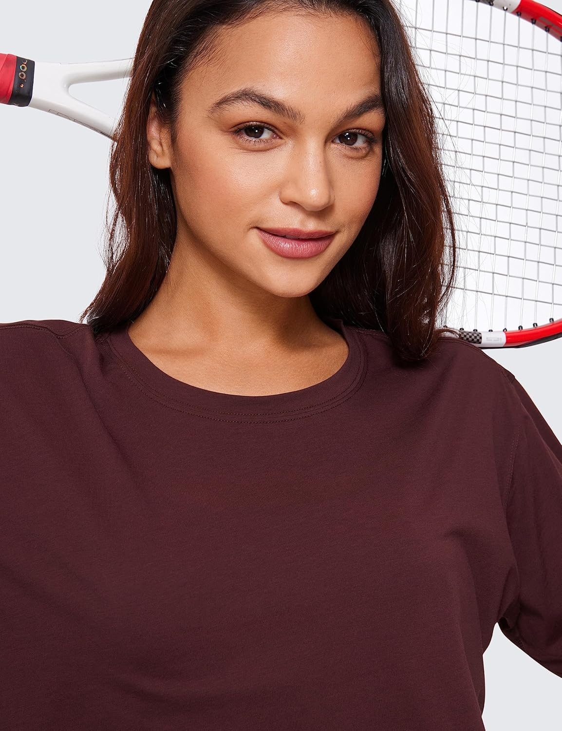 image:imageCRZ YOGA Pima Cotton Loose Crop TShirts for Women Workout Yoga Casual Athletic Running Short Sleeve Shirts Crewneck TopsDark Red