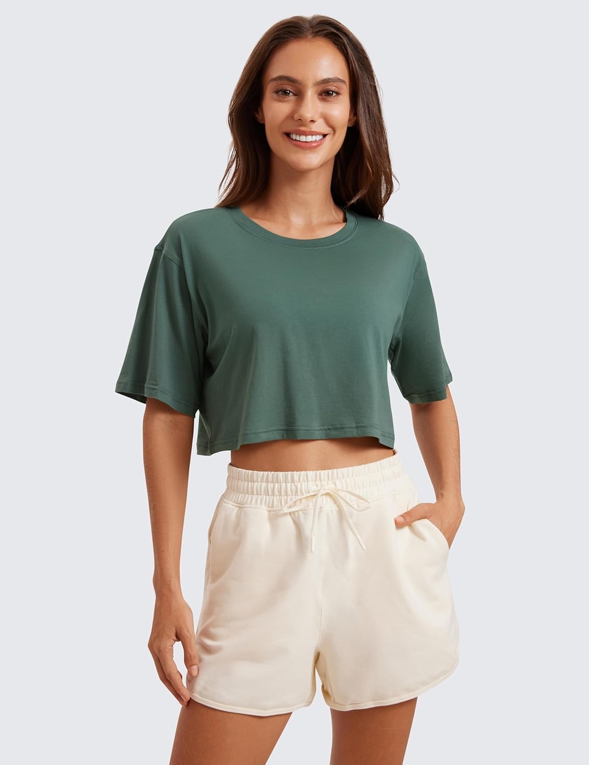 image:imageCRZ YOGA Pima Cotton Loose Crop TShirts for Women Workout Yoga Casual Athletic Running Short Sleeve Shirts Crewneck TopsGraphite Green