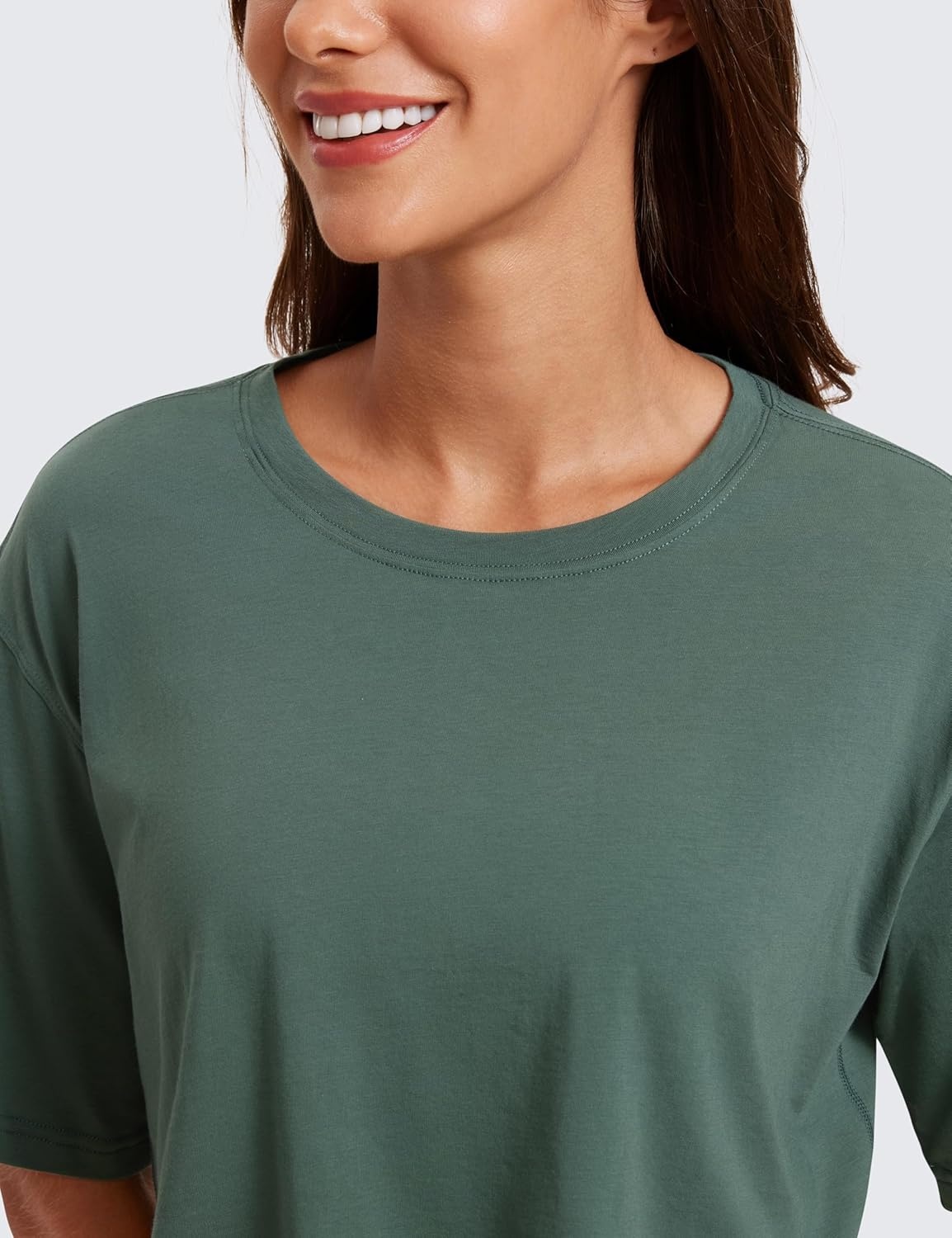 image:imageCRZ YOGA Pima Cotton Loose Crop TShirts for Women Workout Yoga Casual Athletic Running Short Sleeve Shirts Crewneck TopsGraphite Green