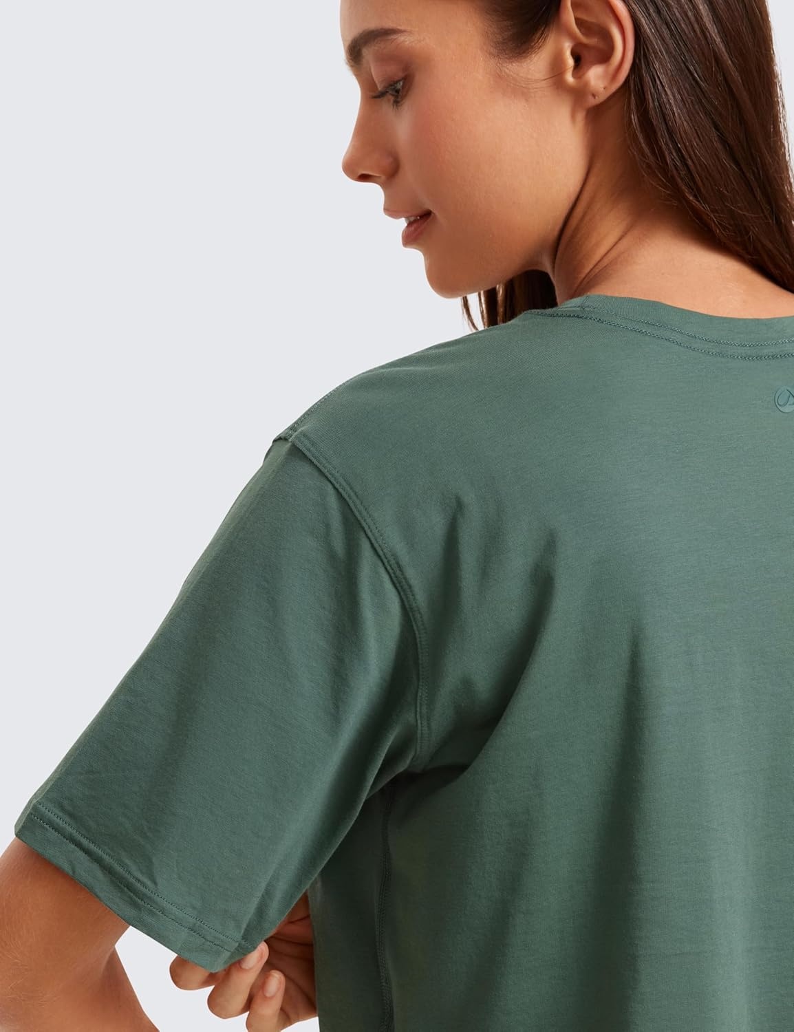 image:imageCRZ YOGA Pima Cotton Loose Crop TShirts for Women Workout Yoga Casual Athletic Running Short Sleeve Shirts Crewneck TopsGraphite Green