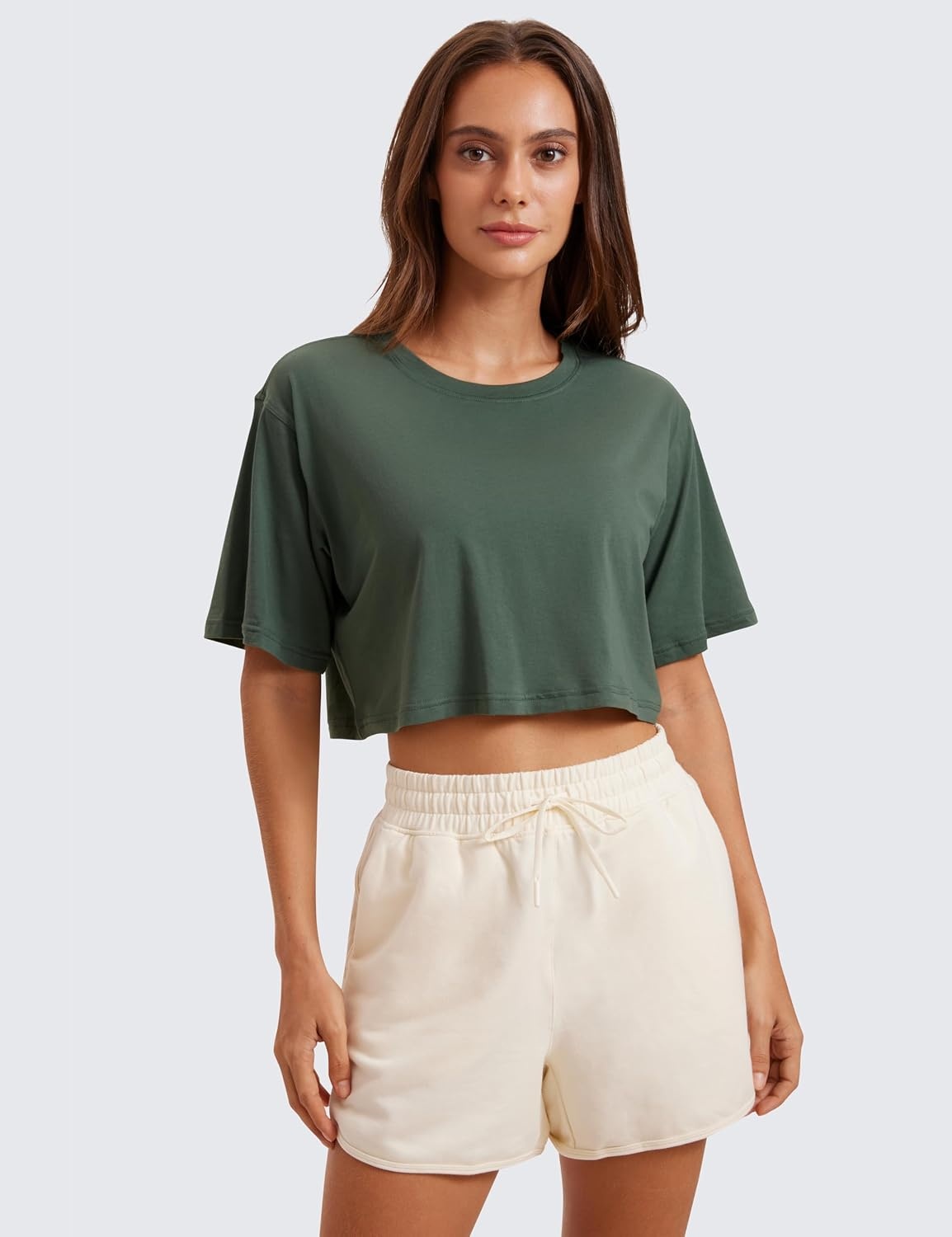 image:imageCRZ YOGA Pima Cotton Loose Crop TShirts for Women Workout Yoga Casual Athletic Running Short Sleeve Shirts Crewneck TopsGrey Olive