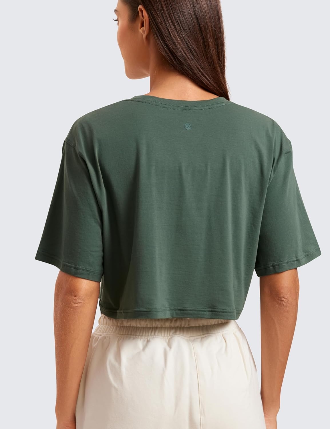 image:imageCRZ YOGA Pima Cotton Loose Crop TShirts for Women Workout Yoga Casual Athletic Running Short Sleeve Shirts Crewneck TopsGrey Olive
