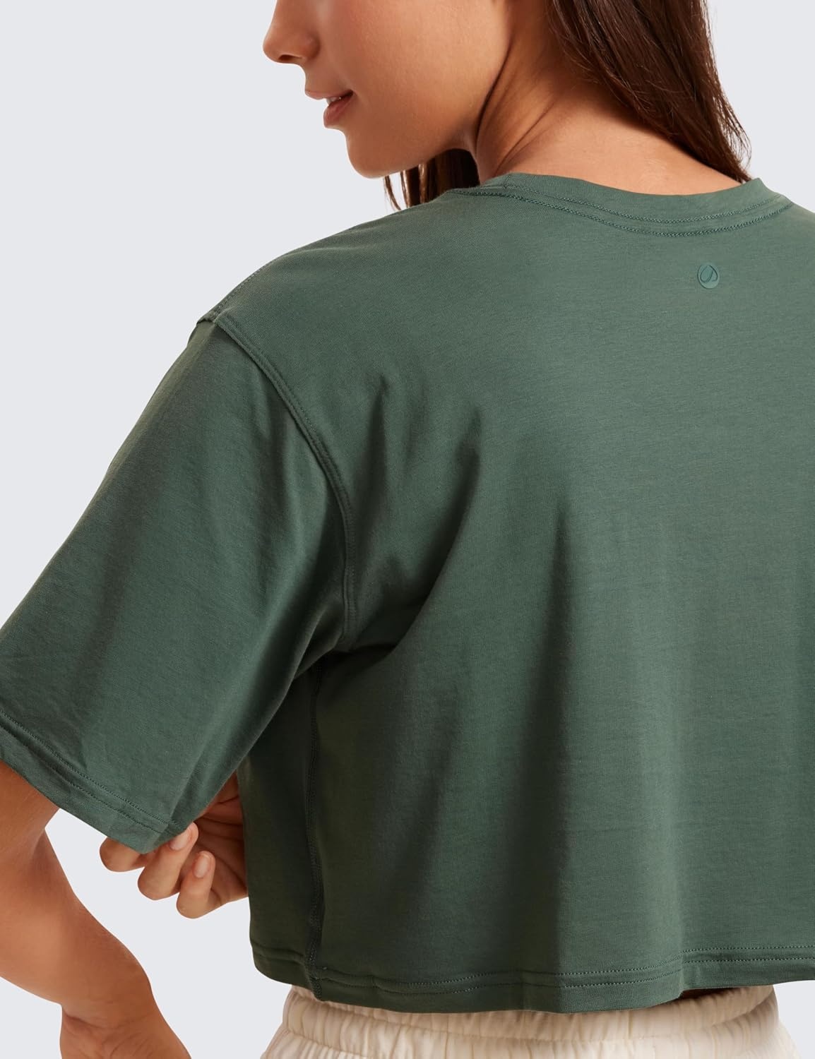 image:imageCRZ YOGA Pima Cotton Loose Crop TShirts for Women Workout Yoga Casual Athletic Running Short Sleeve Shirts Crewneck TopsGrey Olive