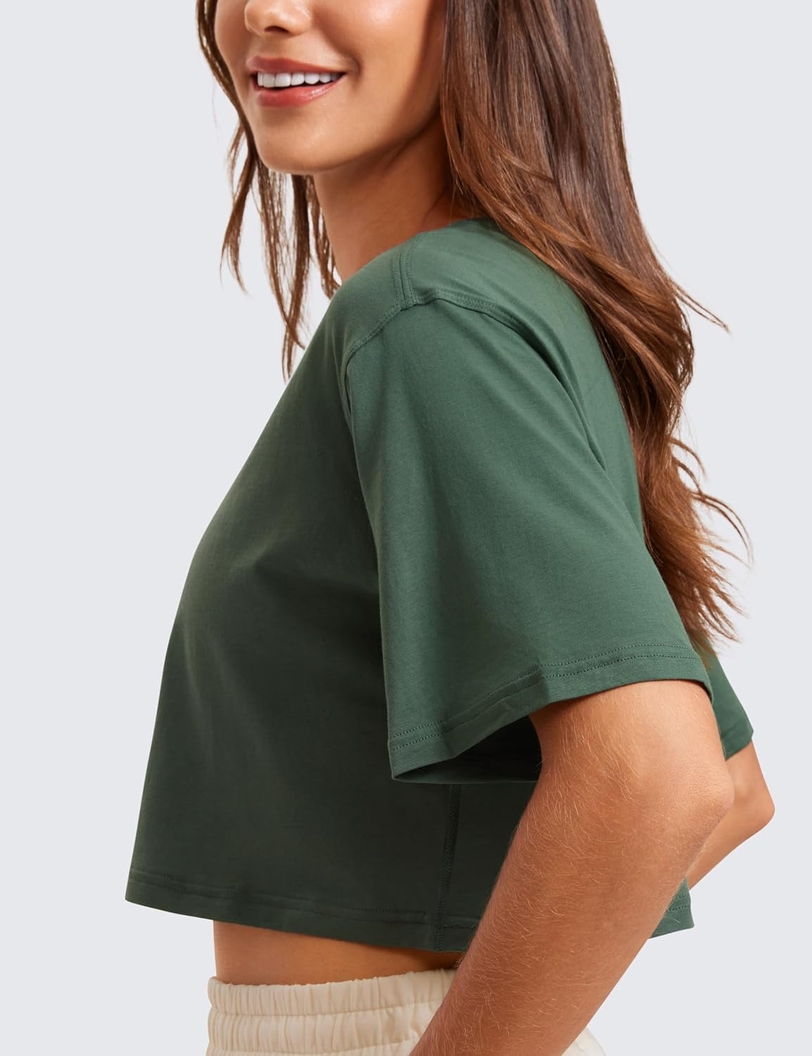 image:imageCRZ YOGA Pima Cotton Loose Crop TShirts for Women Workout Yoga Casual Athletic Running Short Sleeve Shirts Crewneck TopsGrey Olive