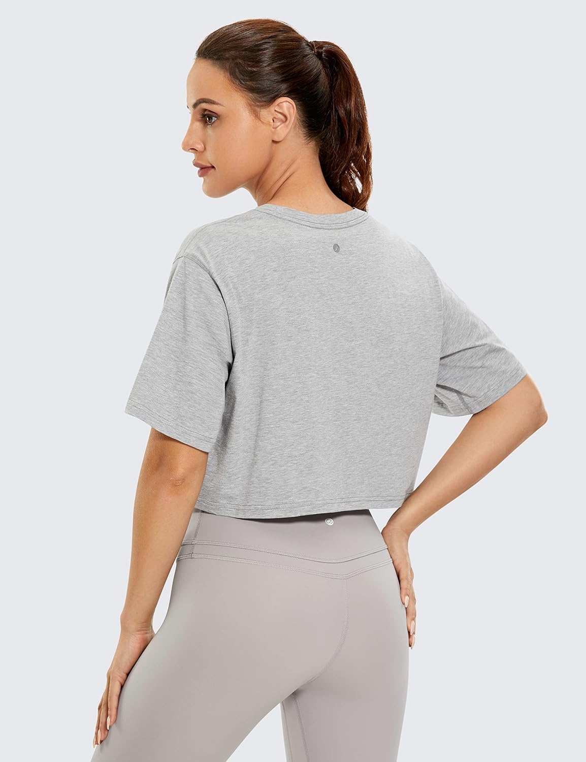 image:imageCRZ YOGA Pima Cotton Loose Crop TShirts for Women Workout Yoga Casual Athletic Running Short Sleeve Shirts Crewneck TopsHeathered Medium Grey